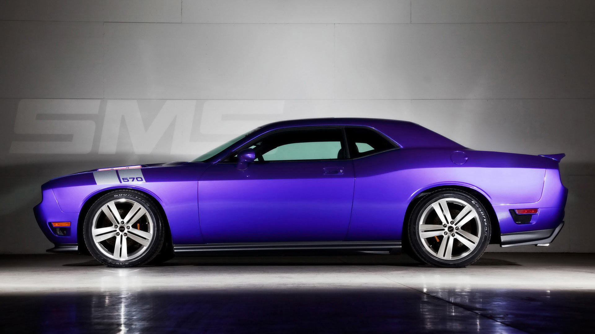 SMS 570 Dodge Challenger, SMS logo wall graphic, five-spoke alloy wheels, Full HD Desktop wallpaper