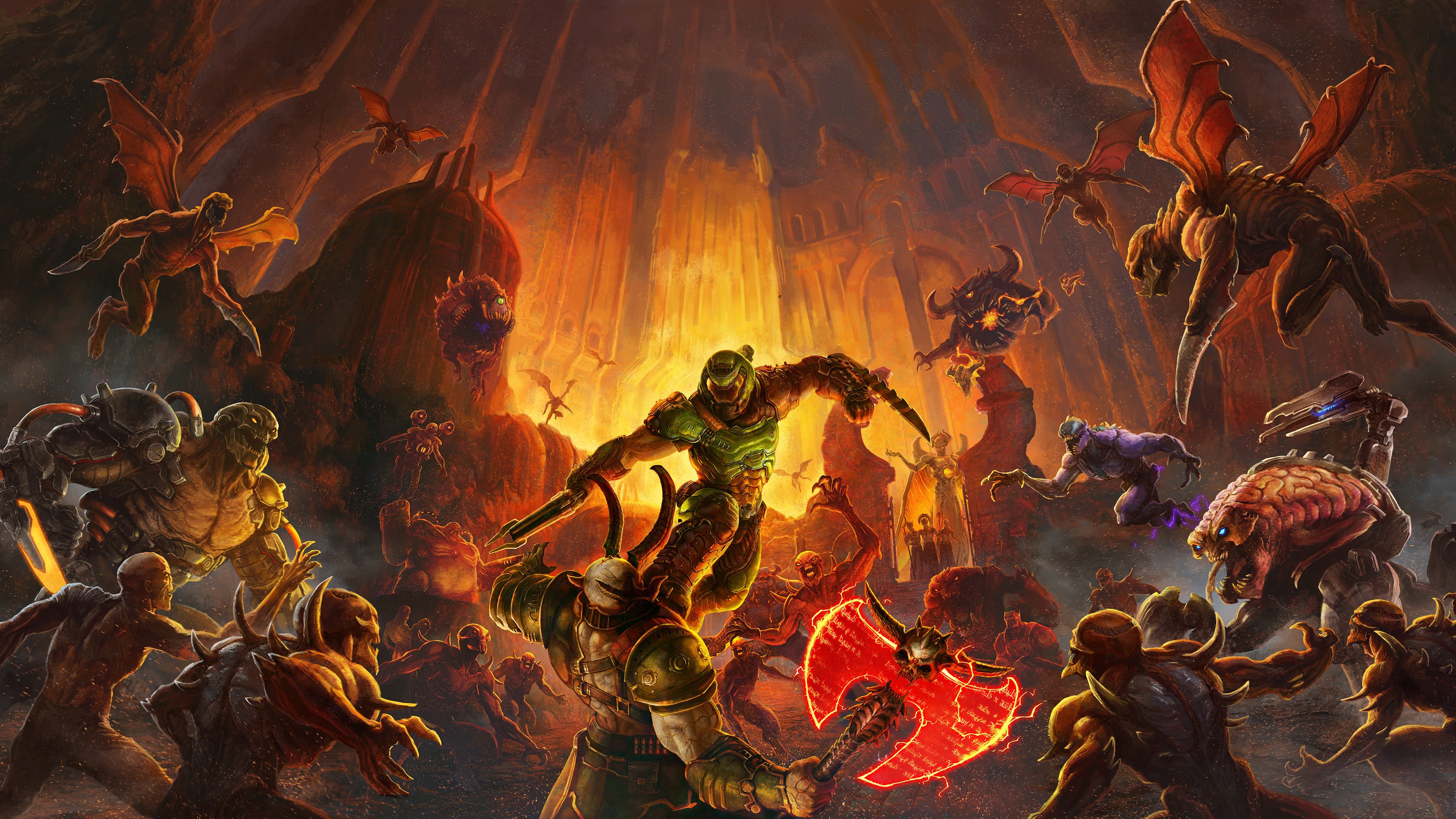 Doom Slayer, Marauder, Arachnotron, Cacodemon, 4K Desktop wallpaper