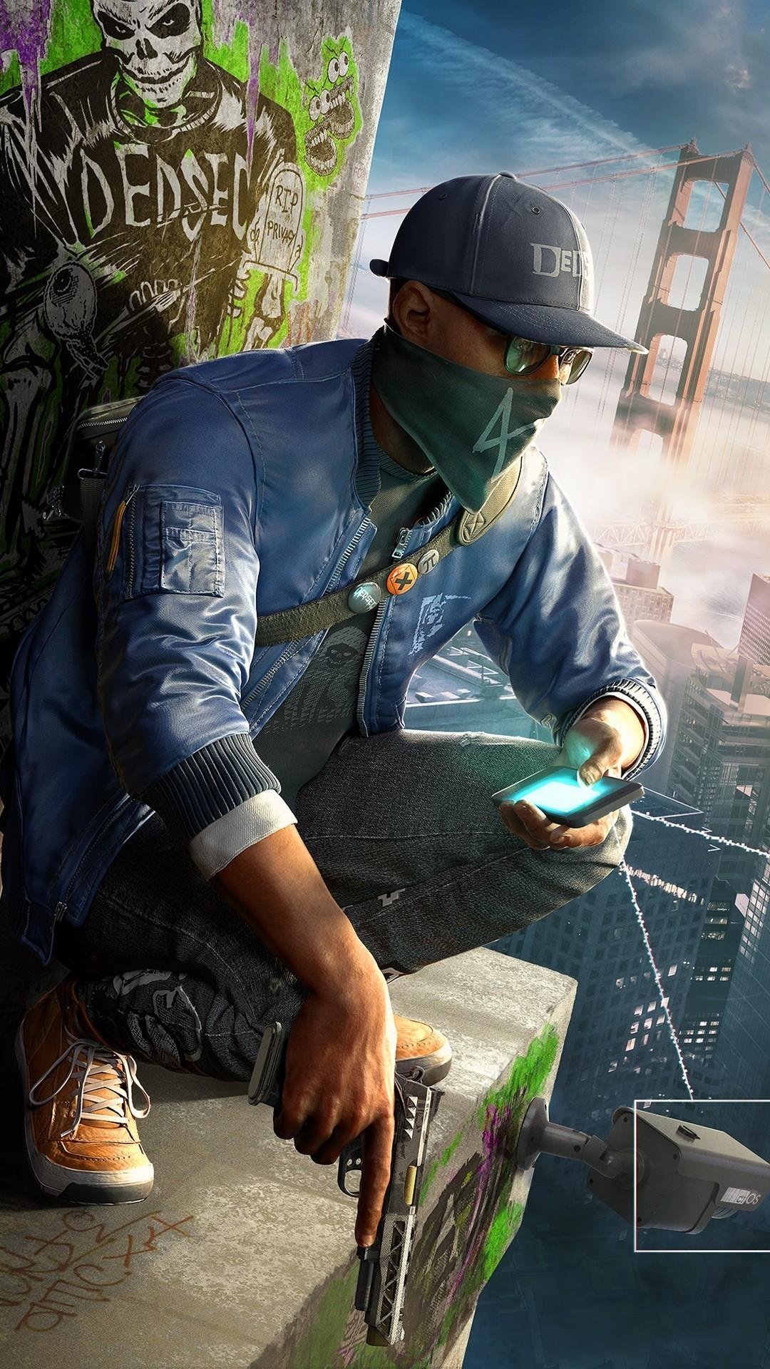 Marcus Holloway, Golden Gate Bridge, DedSec graffiti, Full HD Phone wallpaper