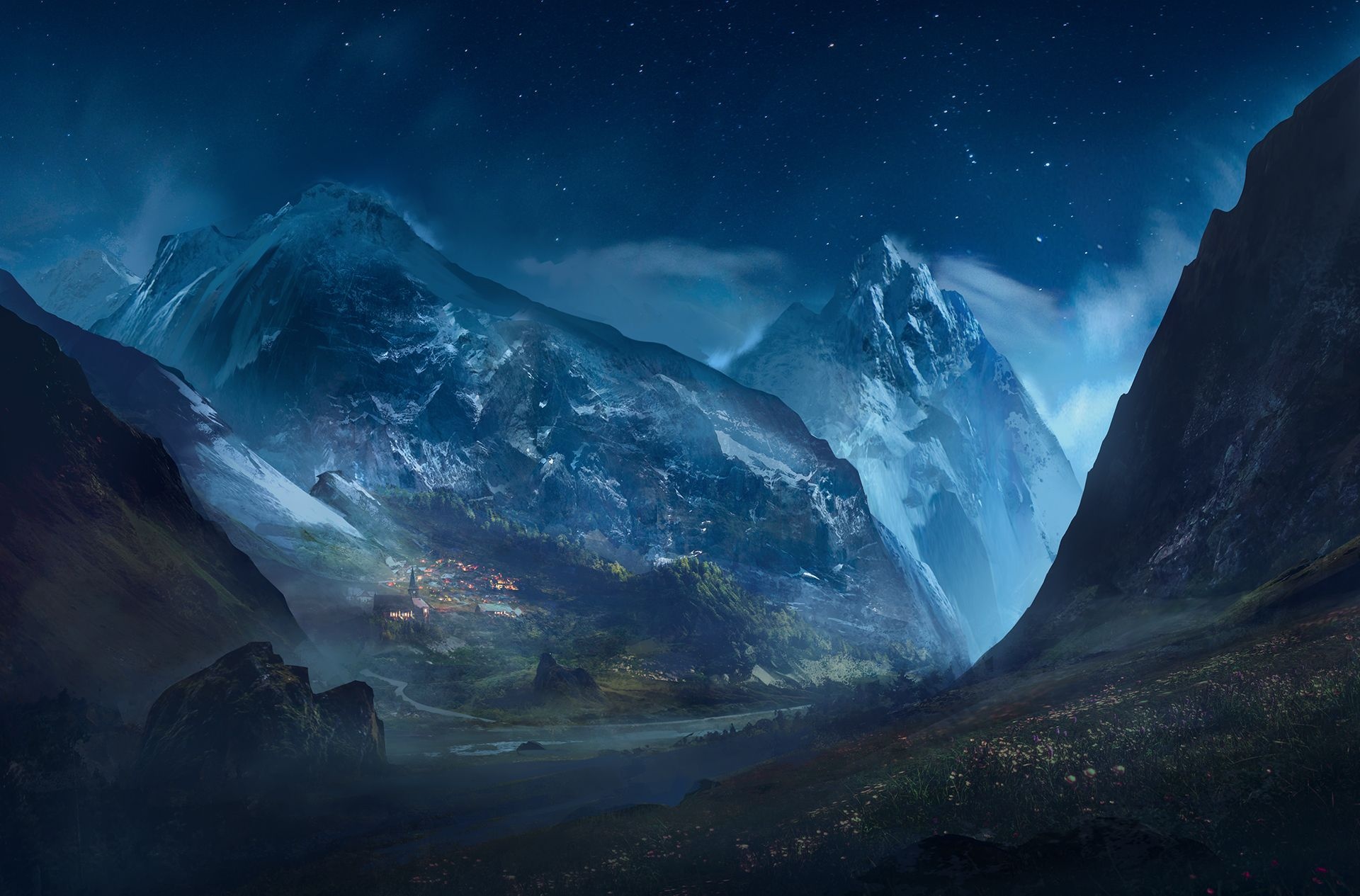 Valley Night, Sergey Zabelin, Fantasy Art, Landscapes, Nightscape, 1920x1270 HD Desktop