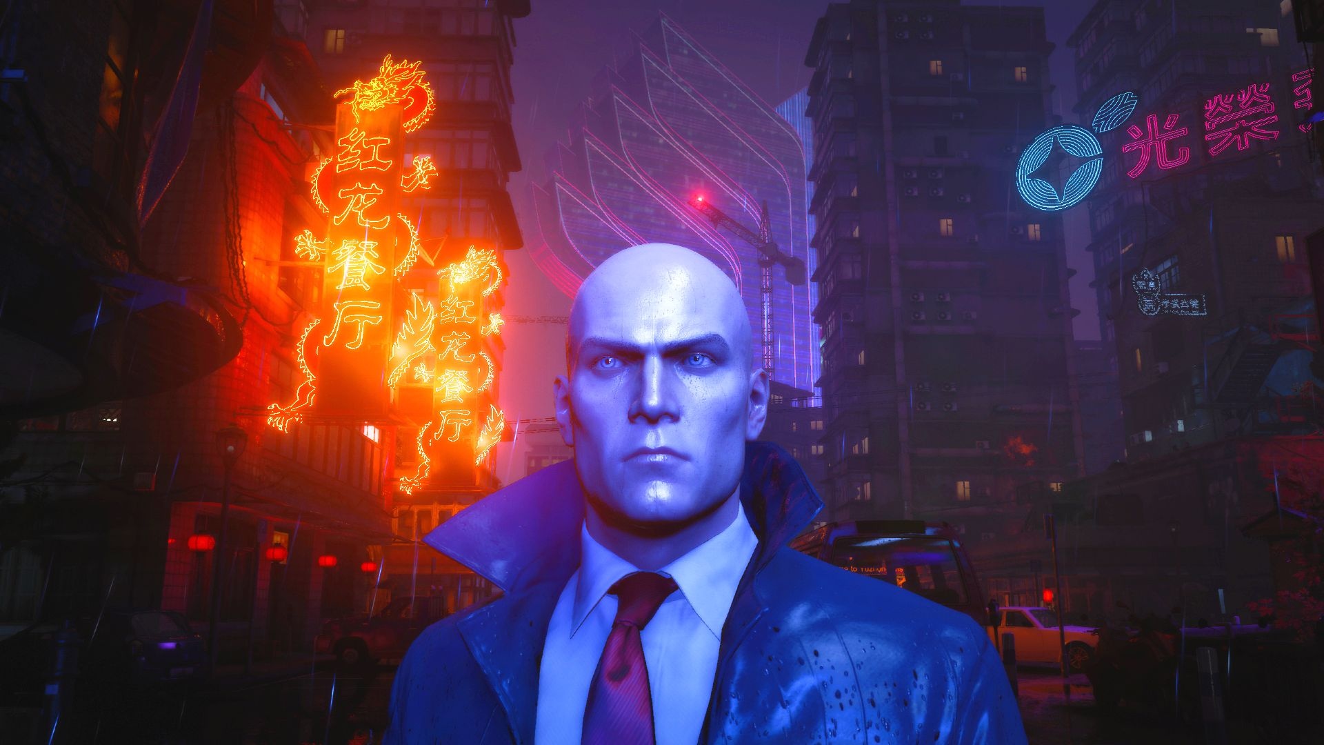 Agent 47, Chongqing neon cityscape, Glowing dragon neon sign, Full HD Desktop wallpaper
