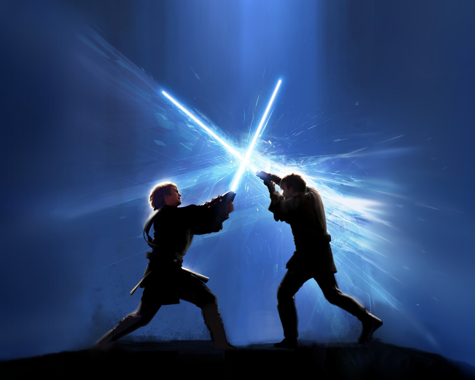 Anakin Skywalker, Obi-Wan Kenobi, Clashing blue lightsabers, HD Desktop wallpaper