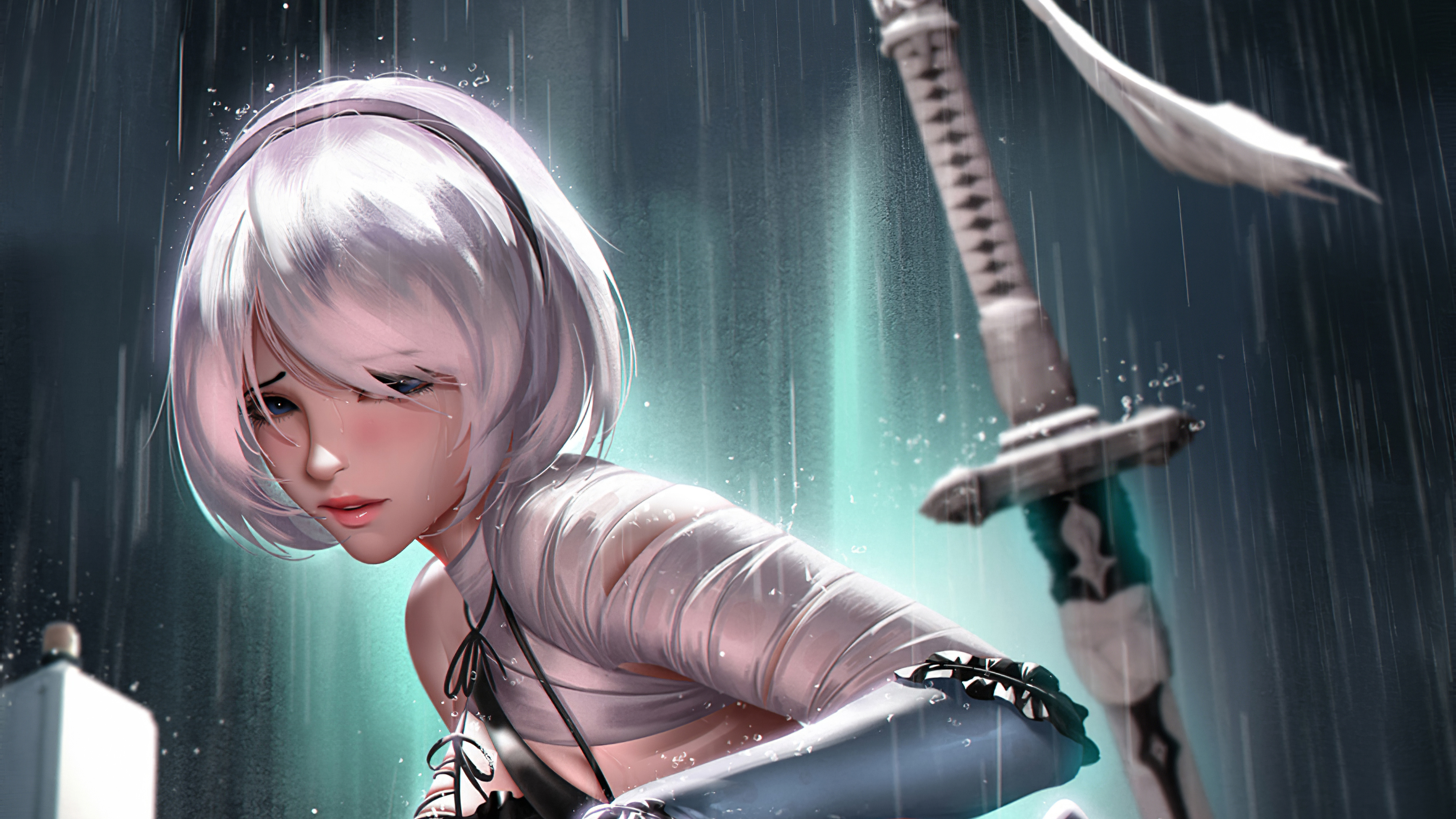 2B (NieR: Automata), Virtuous Contract sword, Falling raindrops in darkness, HD Desktop wallpaper