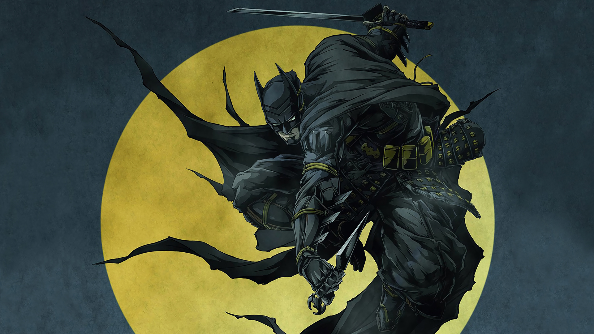 Batman Ninja, Katana and kunai, Full yellow moon, Full HD Desktop wallpaper