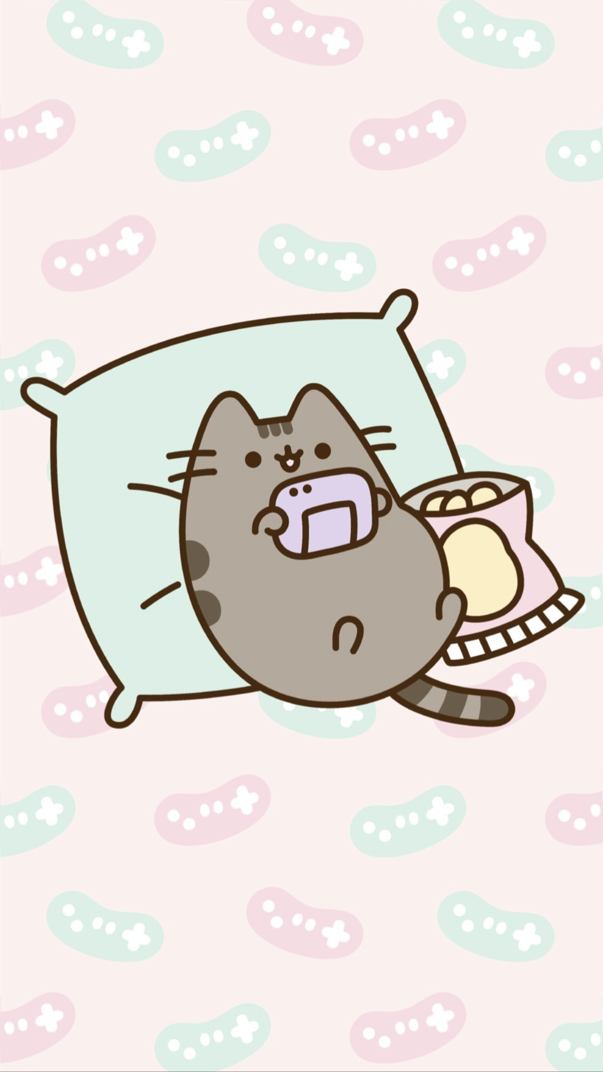 Pusheen the cat, Pastel game controller pattern, Snack bag and smartphone, HD Phone wallpaper