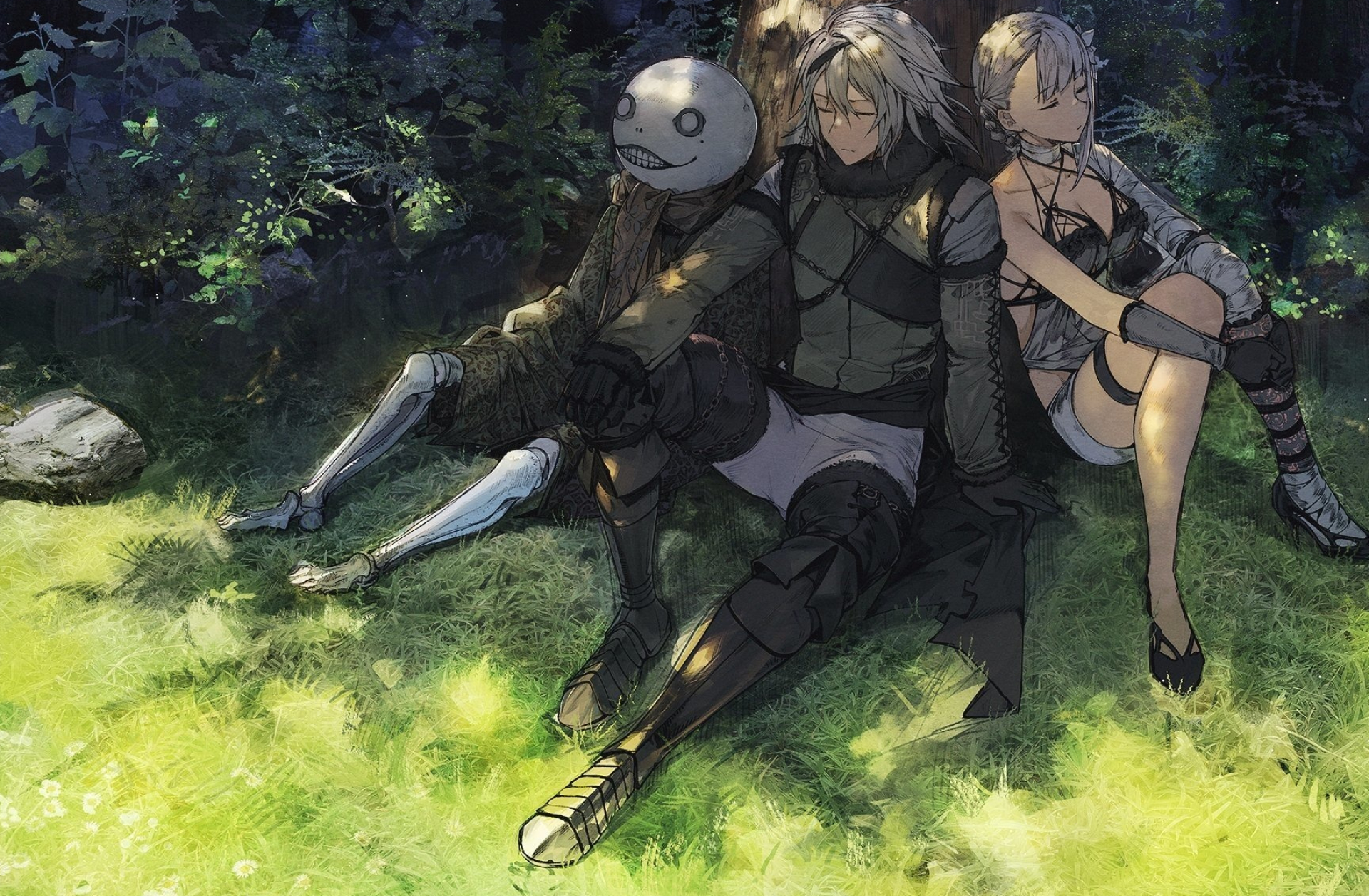 Brother Nier, Kainé, Emil, NieR Replicant, Dappled forest glade, HD Desktop wallpaper
