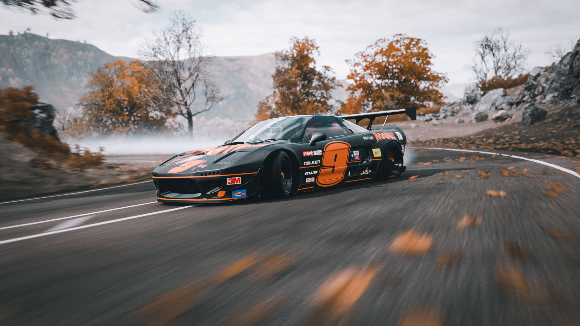 Honda NSX drift car, autumn mountain road, drifting tire smoke, Full HD Desktop wallpaper
