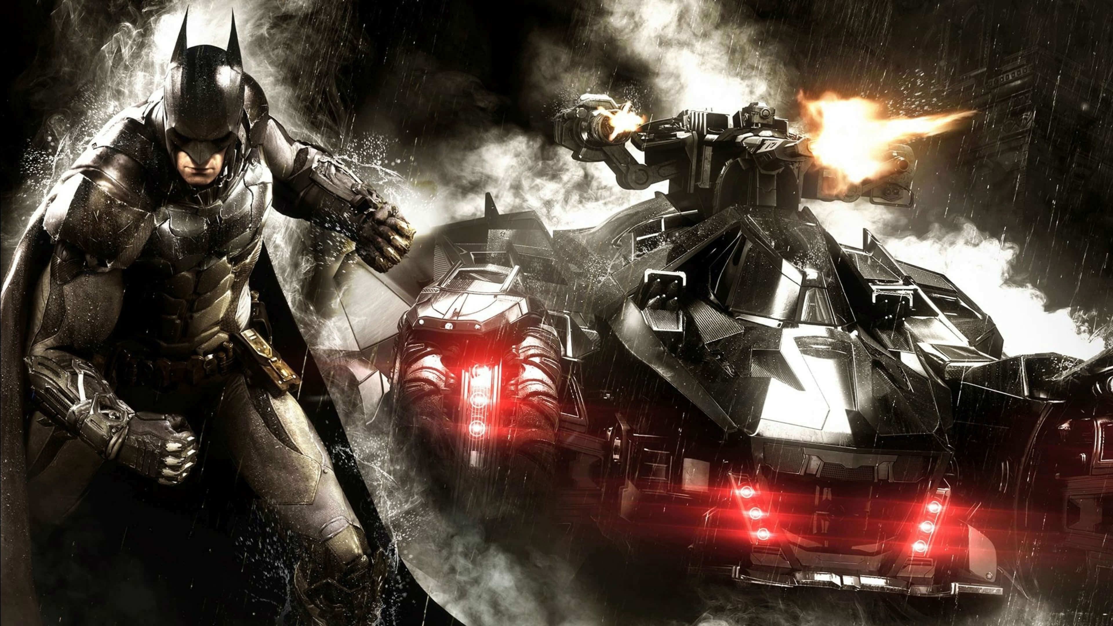 Batman in armored Batsuit, Arkham Knight Batmobile, Firing Batmobile turret, 4K Desktop wallpaper