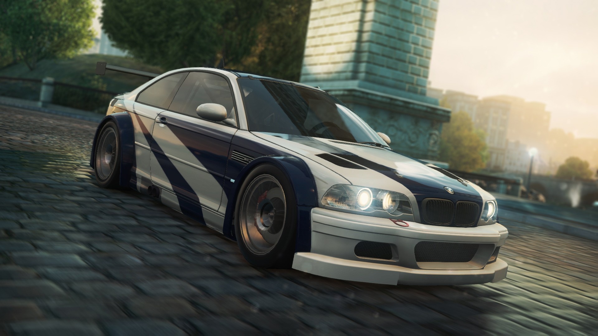 BMW M3 GTR E46, cobblestone street, stone monument pillar, Full HD Desktop wallpaper