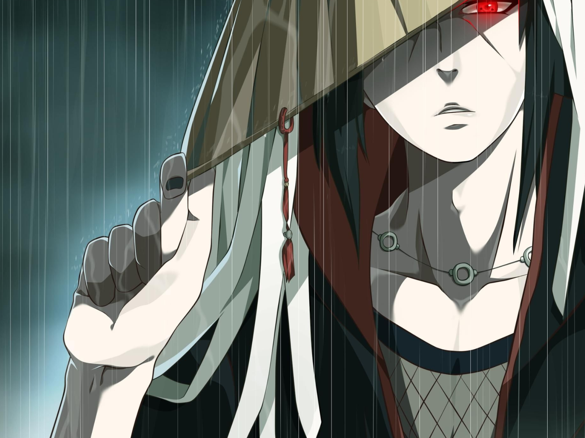 Itachi Uchiha, red Sharingan eye, Akatsuki straw hat, HD Desktop wallpaper
