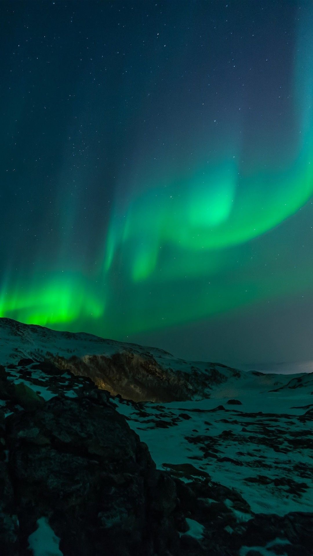 Green Aurora Borealis, Snowy mountain landscape, Starry night sky, Full HD Phone wallpaper
