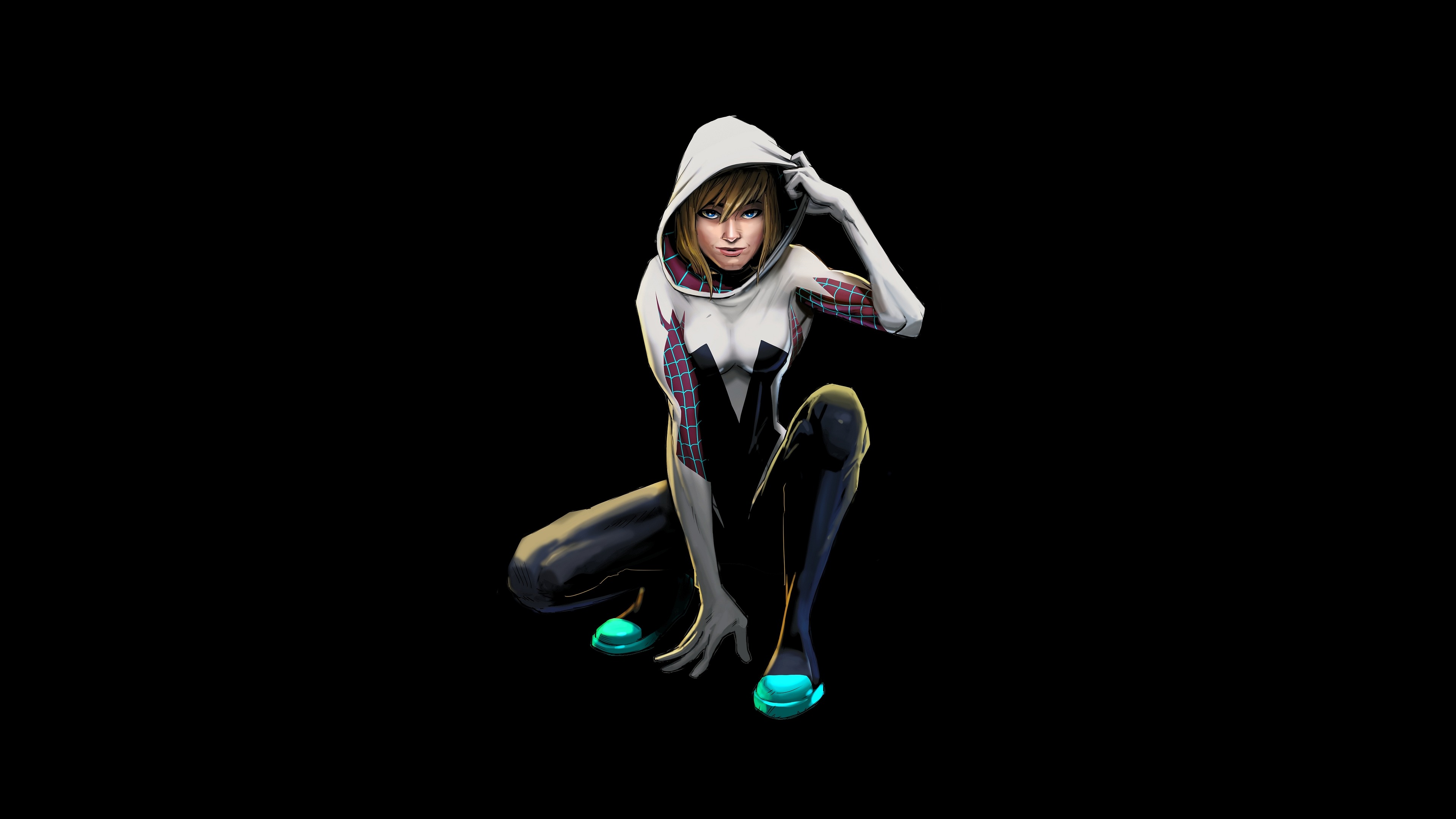 Ghost-Spider suit, Spider-Gwen (Gwen Stacy), Solid black background, HD Desktop wallpaper