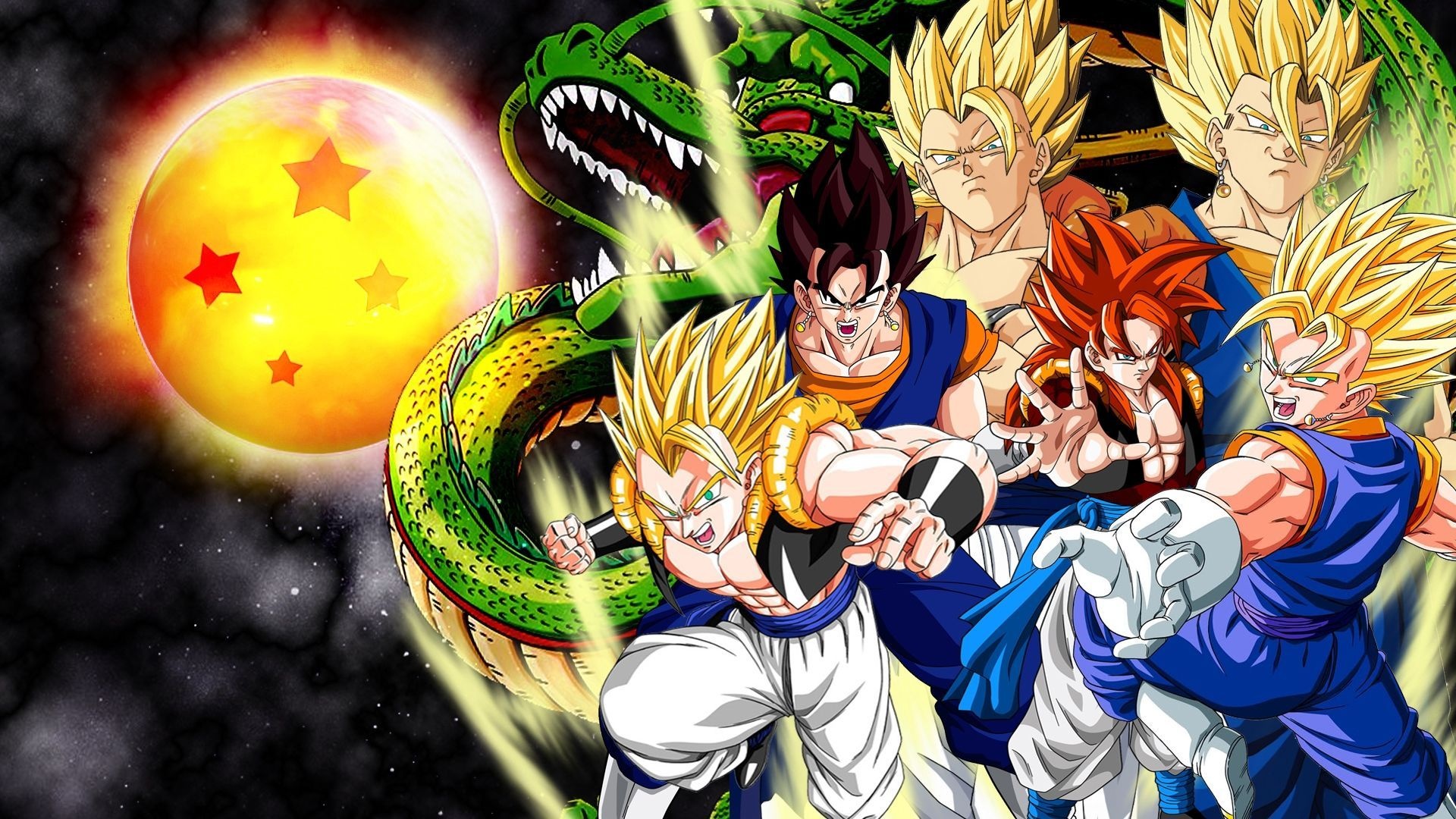 Super Saiyan Gogeta, Super Saiyan Vegito, Super Saiyan 4 Gogeta, Shenron, Four-Star Dragon Ball, Full HD Desktop wallpaper