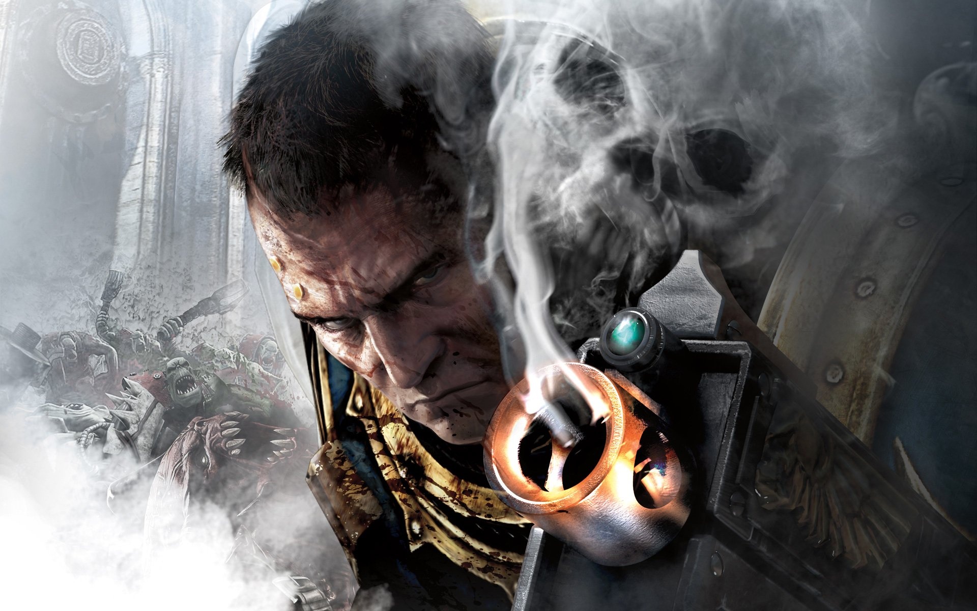 Captain Demetrian Titus, Smoking Bolter muzzle, Charging Ork horde, Warhammer 40,000: Space Marine, HD Desktop wallpaper