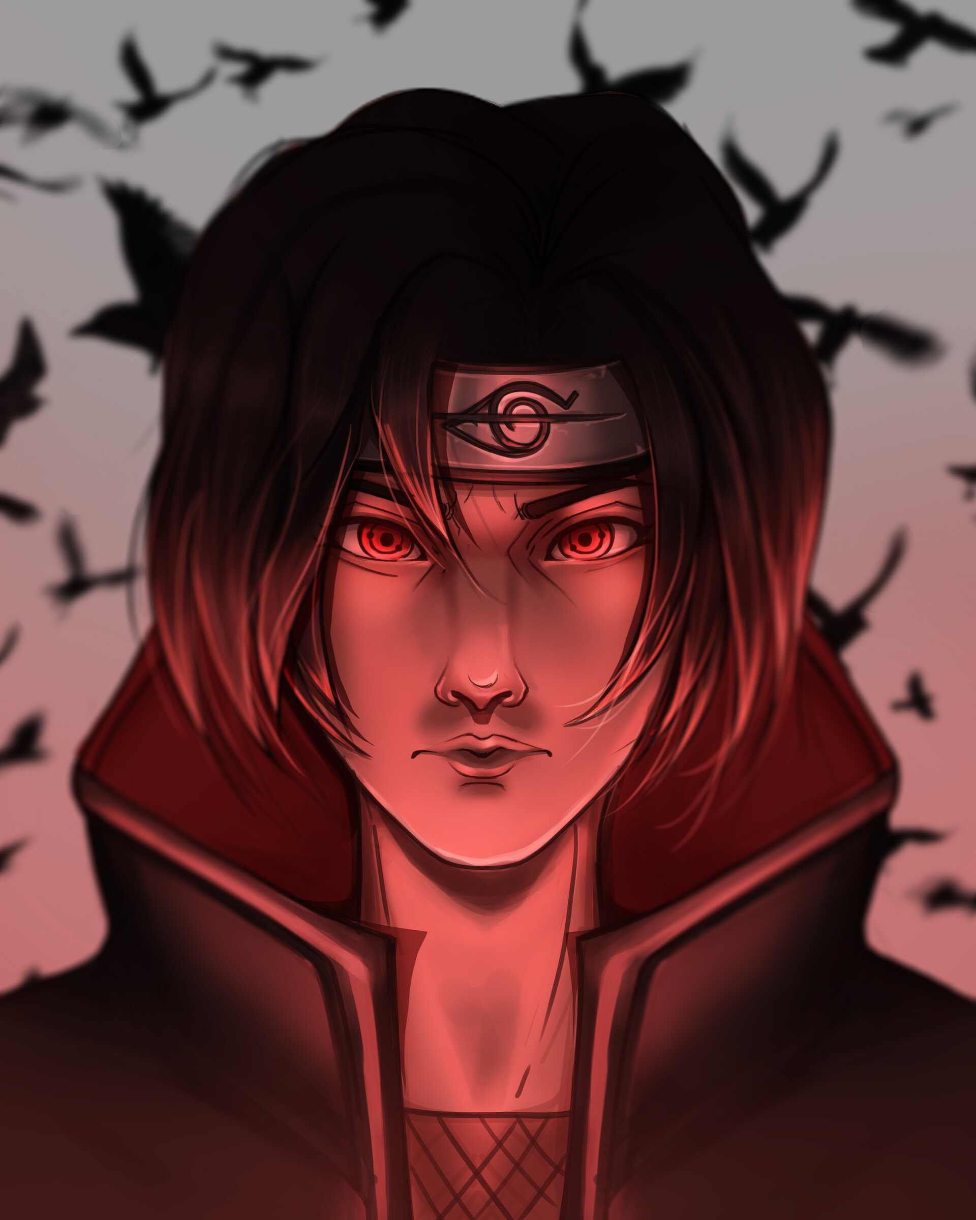 Itachi Uchiha, Sharingan eyes, flying crows silhouette, HD Phone wallpaper