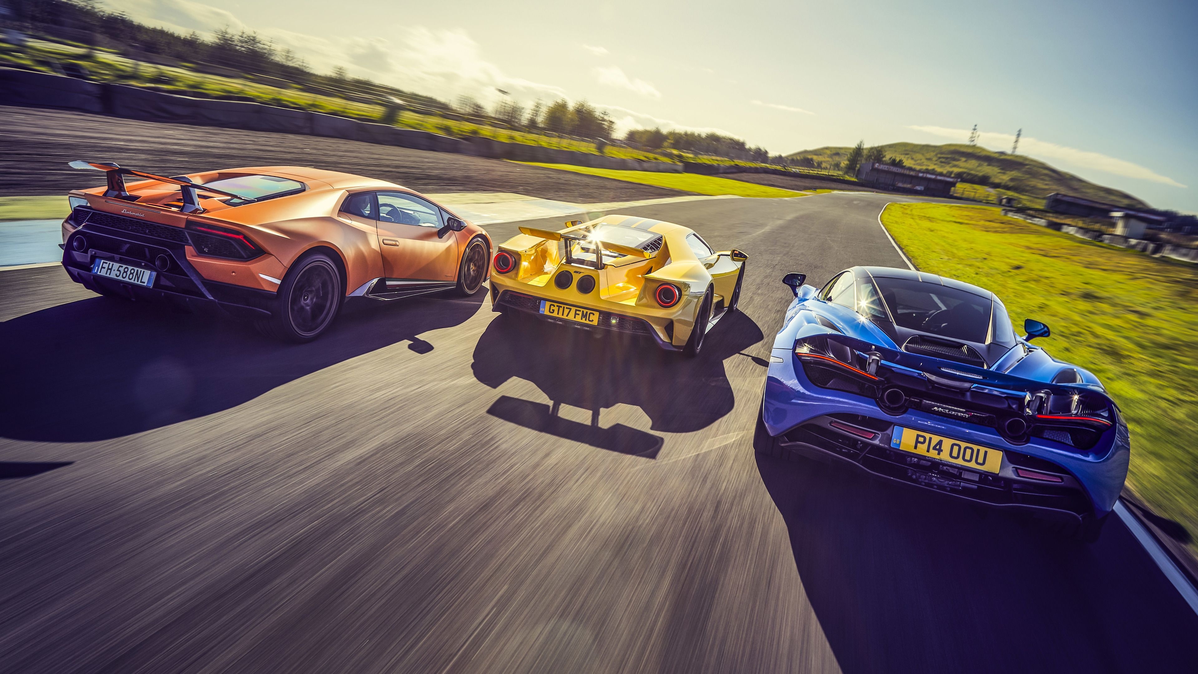Lamborghini Huracan Performante, Ford GT, McLaren 720S, Anglesey Circuit, 4K Desktop wallpaper