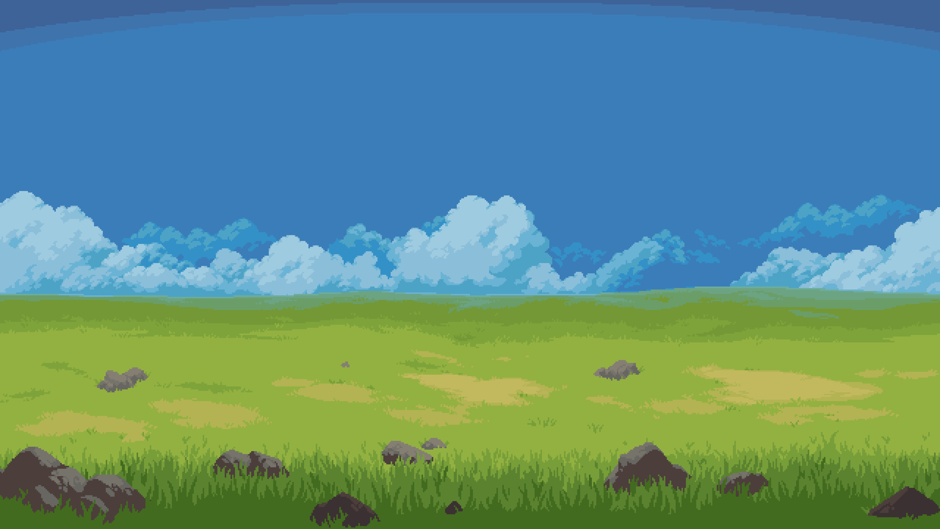 pixel art grassy meadow, pixel art cumulus clouds, scattered field rocks, 4K Desktop wallpaper