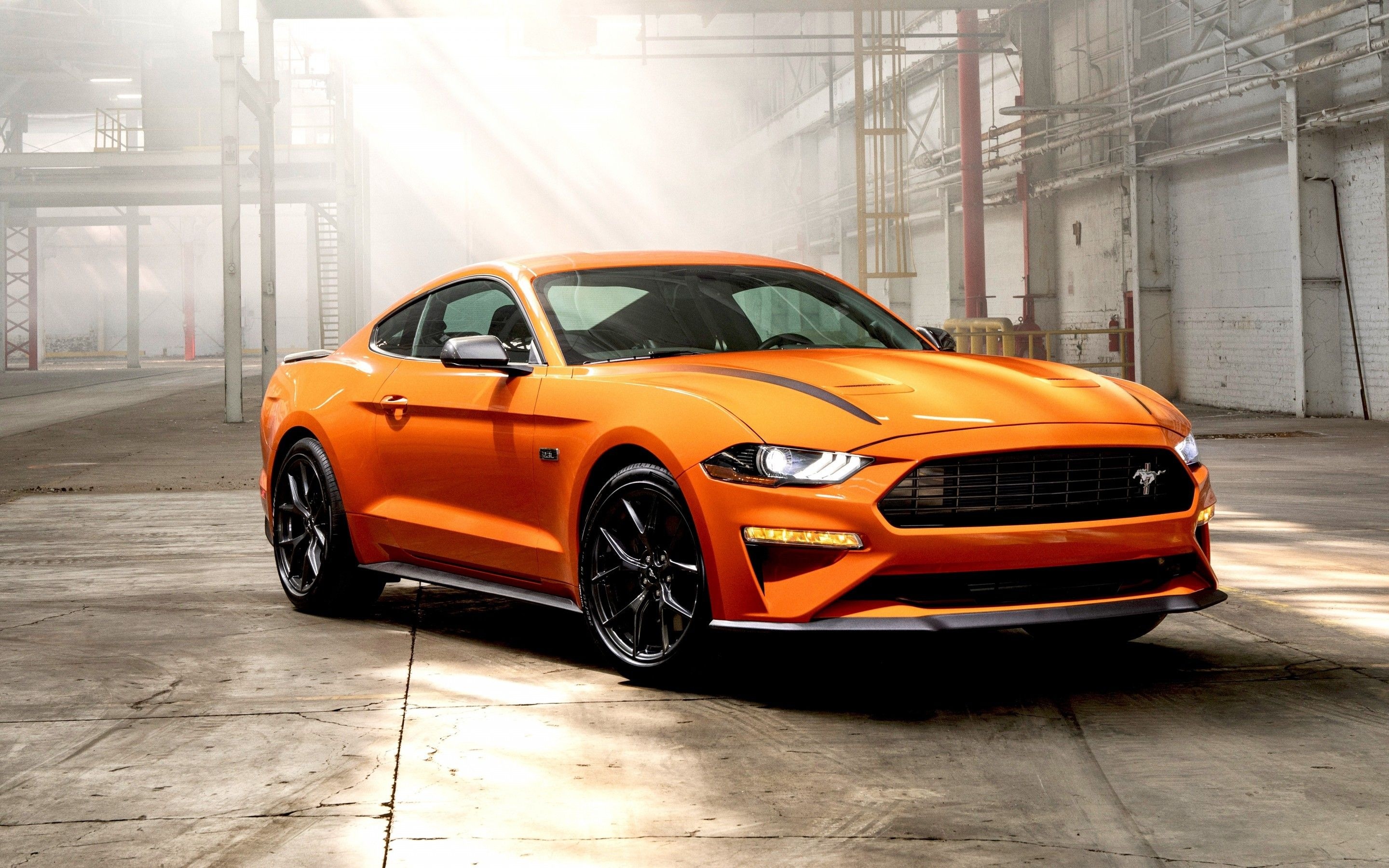 Ford Mustang EcoBoost High Performance, Sunlit industrial warehouse, Twister Orange exterior, HD Desktop wallpaper