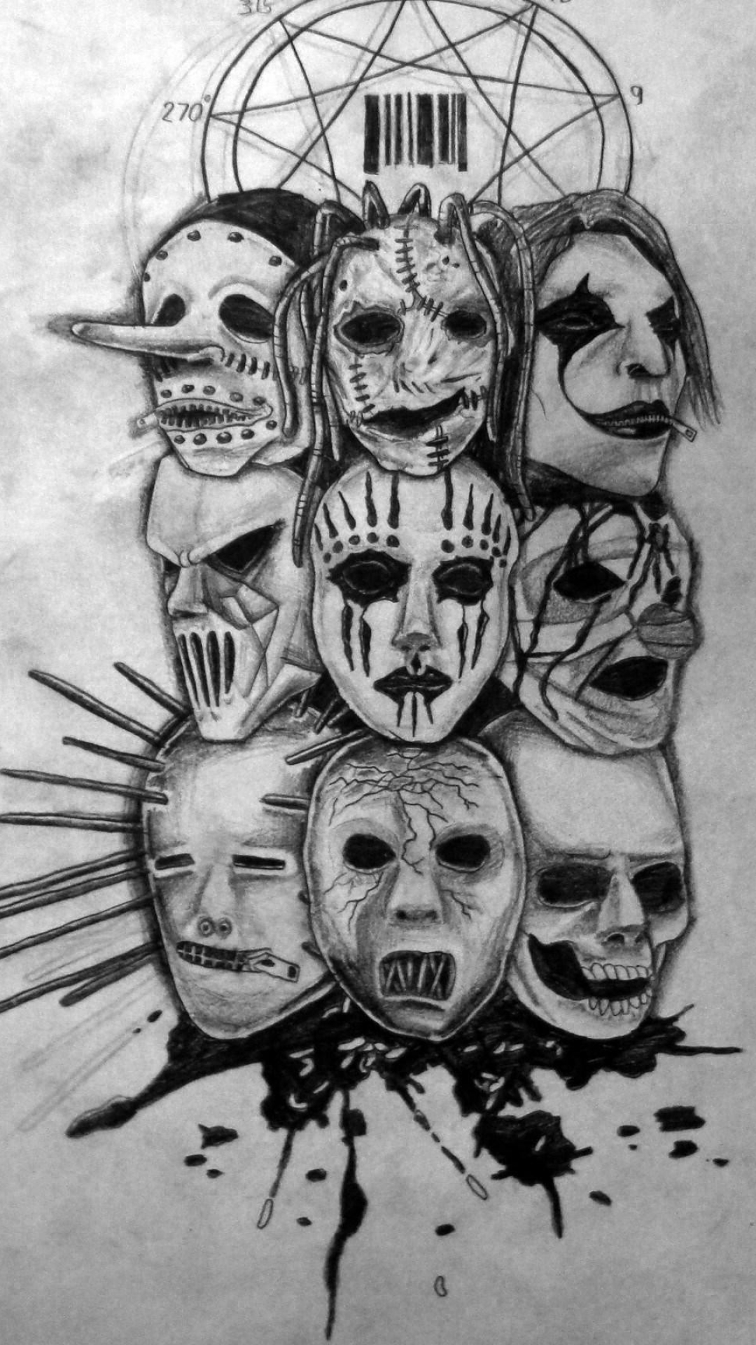 Slipknot band masks, Slipknot nonagram symbol, Craig Jones spiked mask, graphite pencil drawing, Full HD Phone wallpaper
