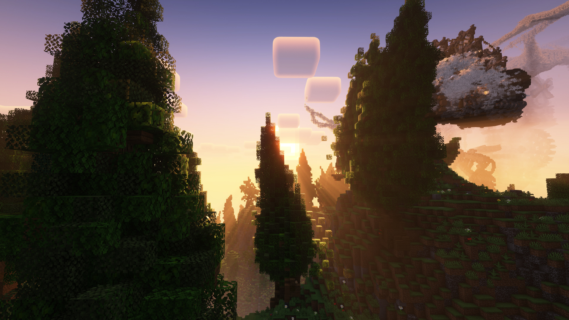 Minecraft spruce trees, floating island structure, volumetric sunrise glow, Full HD Desktop wallpaper