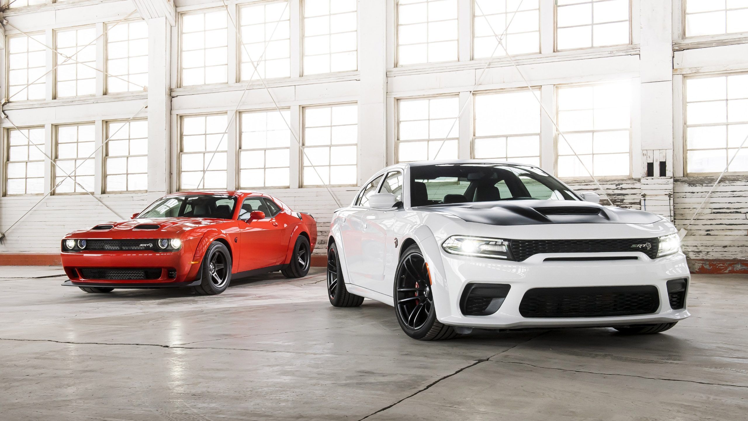 Dodge Charger SRT Hellcat Widebody, Dodge Challenger SRT Hellcat Redeye, bright industrial warehouse, HD Desktop wallpaper