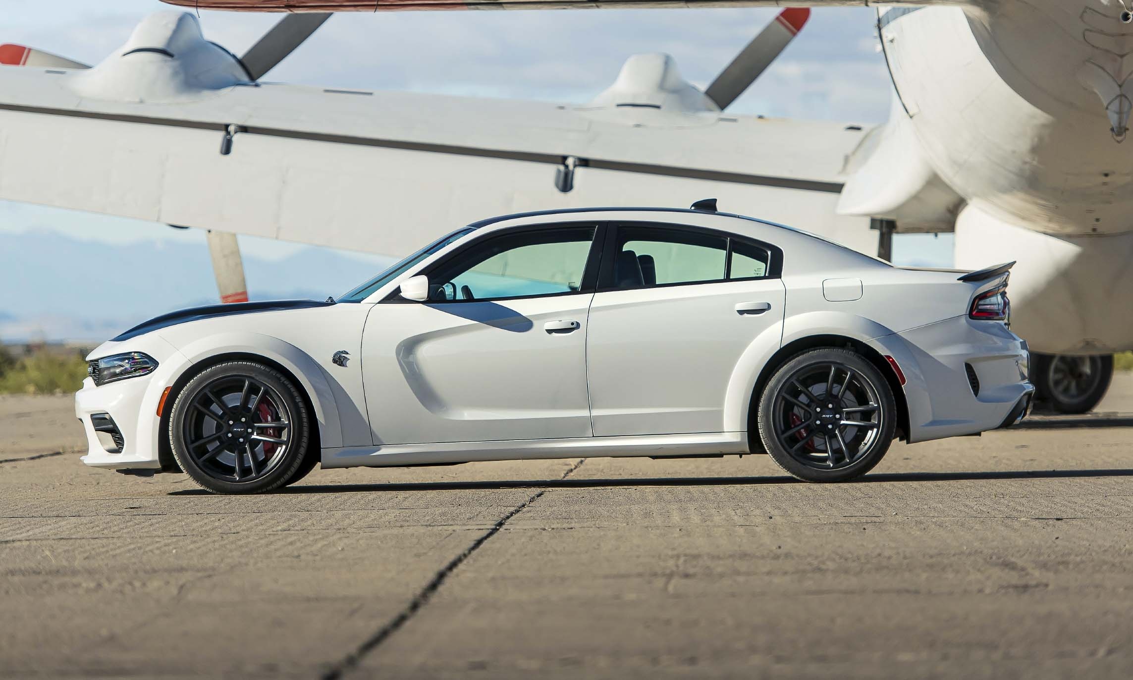 Dodge Charger SRT Hellcat Widebody, Lockheed C-130 Hercules, airfield tarmac, HD Desktop wallpaper