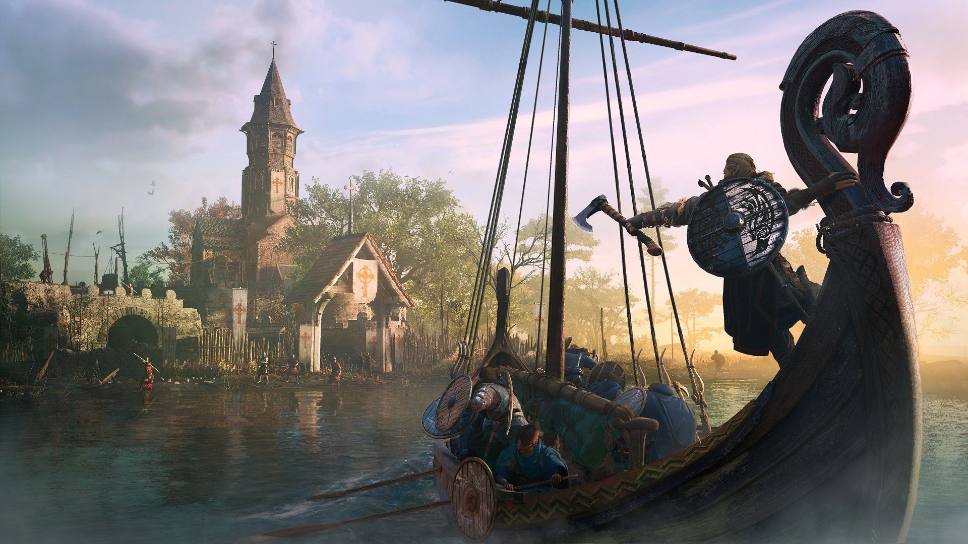 Eivor on Viking longship, Assassin's Creed Valhalla river raid, Medieval Saxon church settlement, Full HD Desktop wallpaper