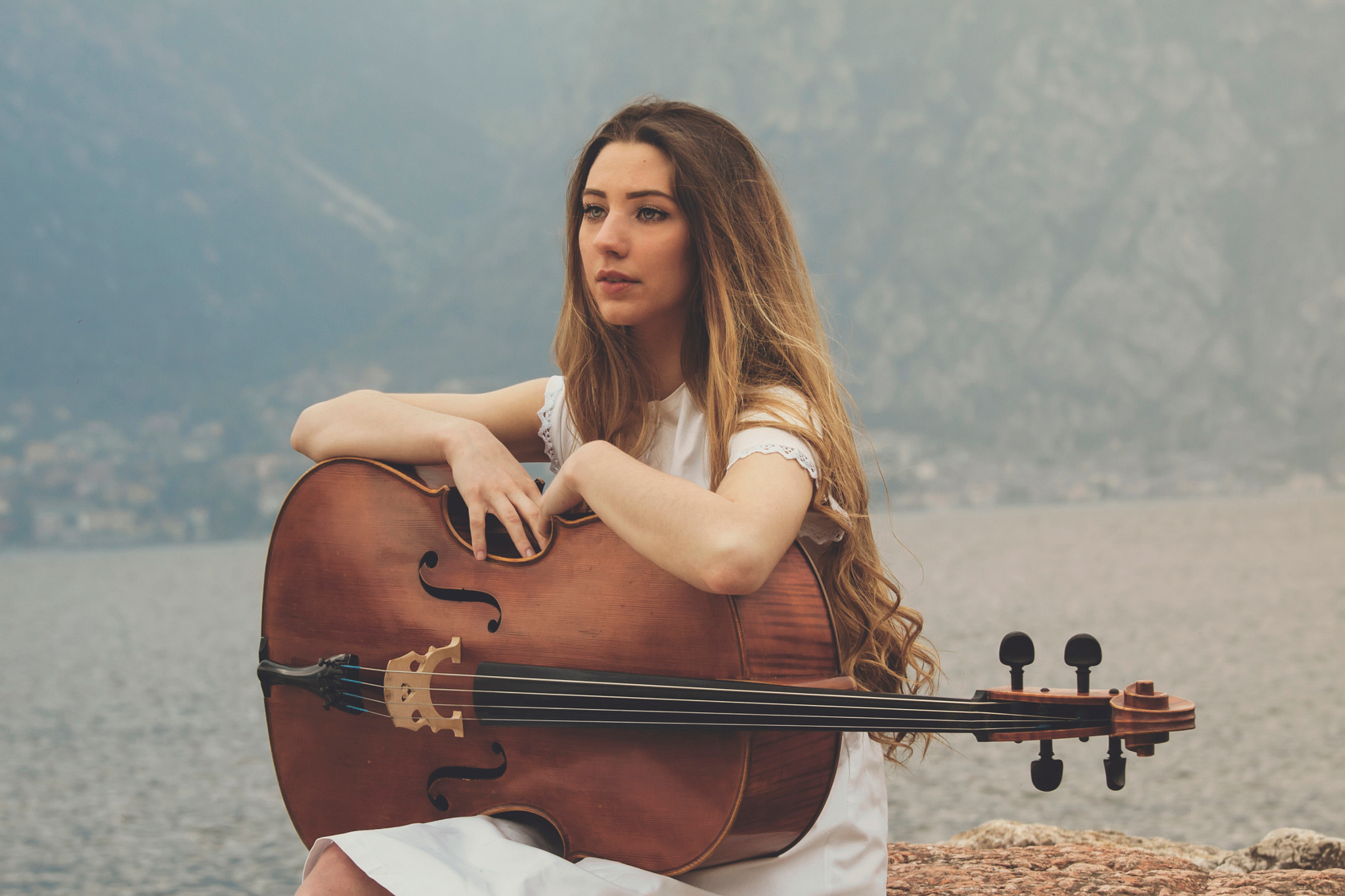 Dark-haired girls, Cello-themed backgrounds, Desktop wallpapers, Musical aesthetics, 2050x1370 HD Desktop
