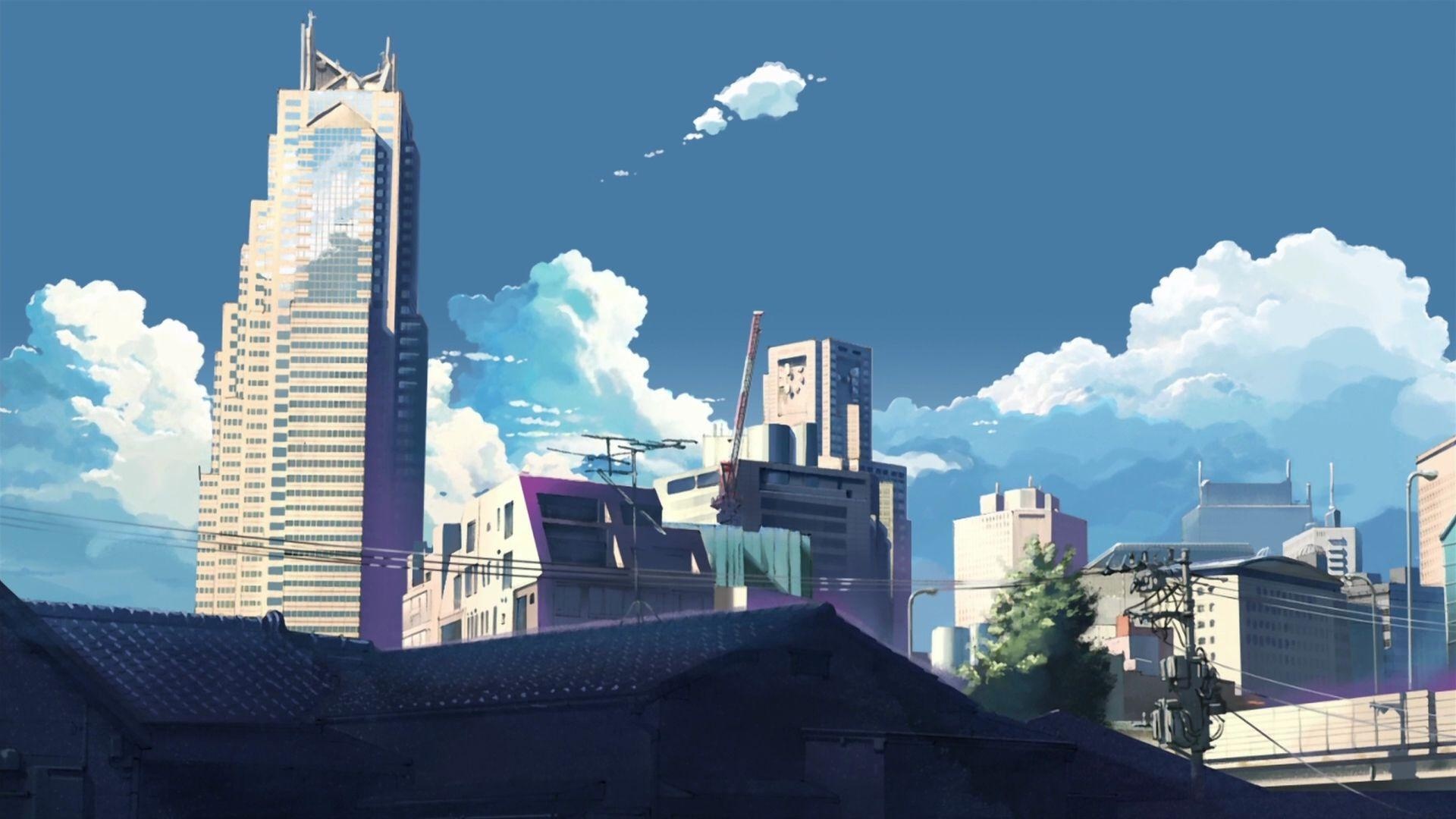 anime Tokyo cityscape, tall modern skyscraper, billowing cumulus clouds, Full HD Desktop wallpaper