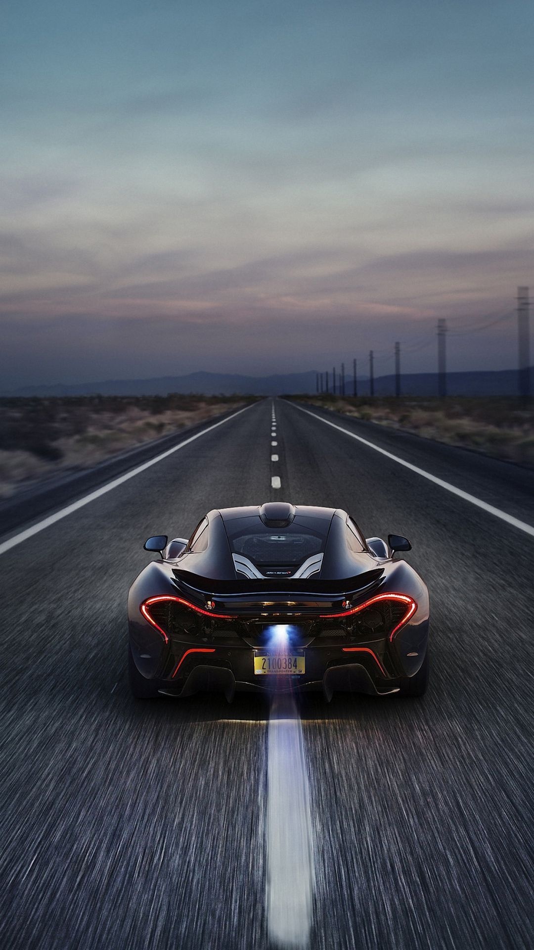 McLaren P1, blue exhaust flame, twilight desert highway, Full HD Phone wallpaper
