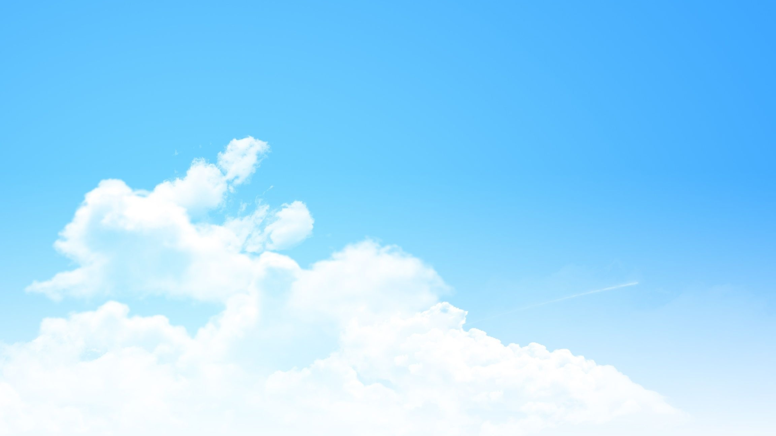 white cumulus clouds, faint airplane contrail, bright azure blue sky, HD Desktop wallpaper