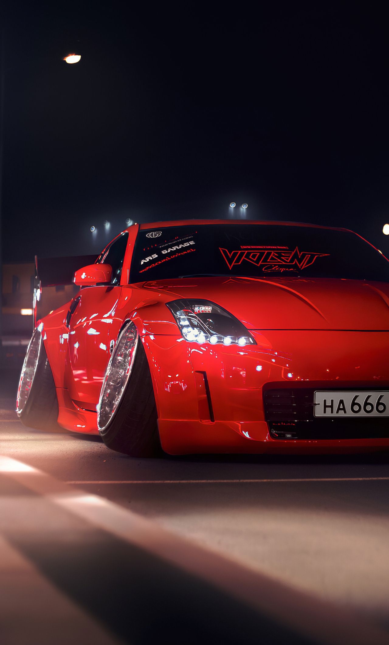 Nissan 350Z, extreme negative camber wheels, VIOLENT windshield decal, HD Phone wallpaper