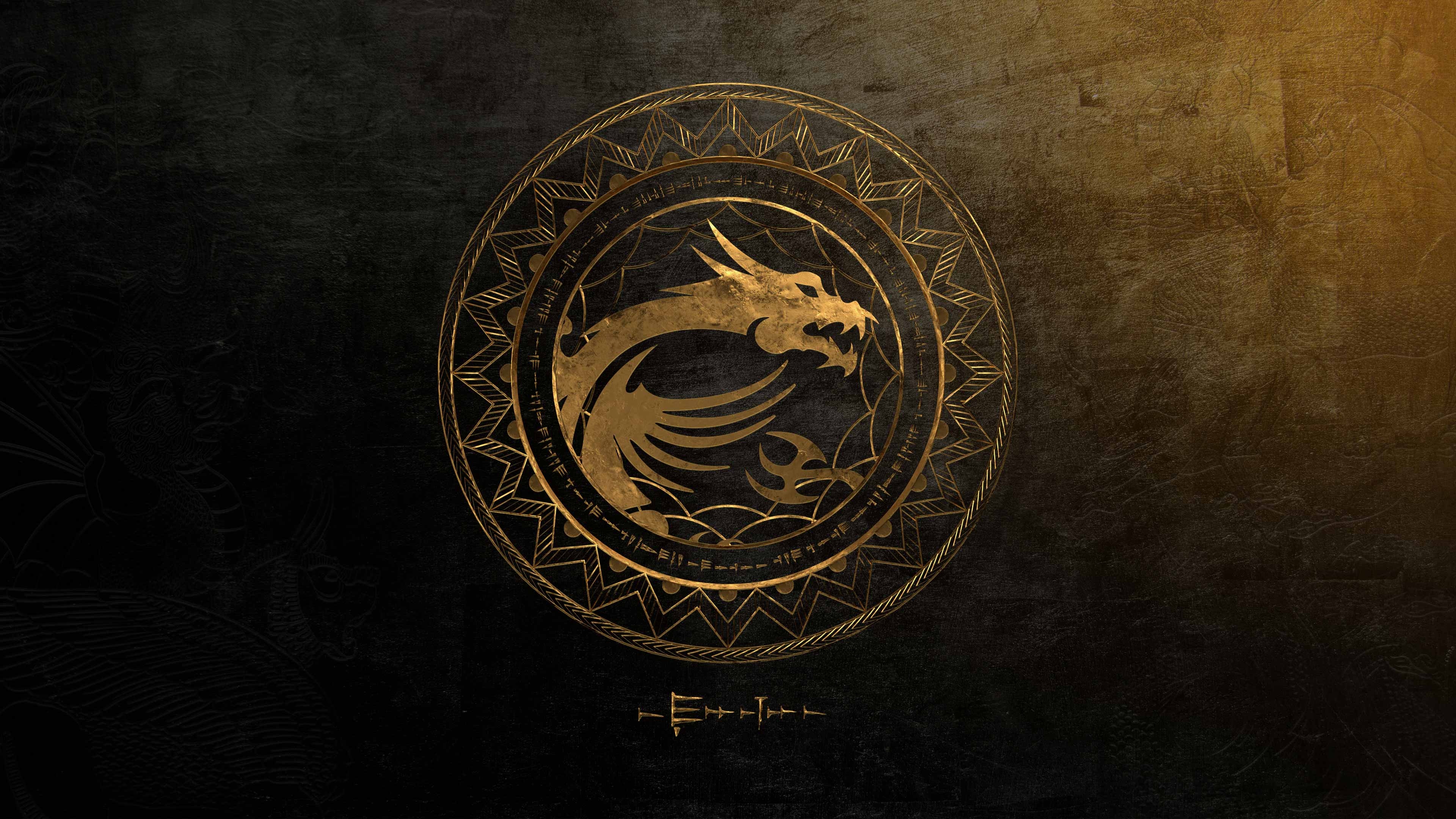 MSI Gaming dragon emblem, ornate golden runic medallion, distressed dark metal texture, 4K Desktop wallpaper