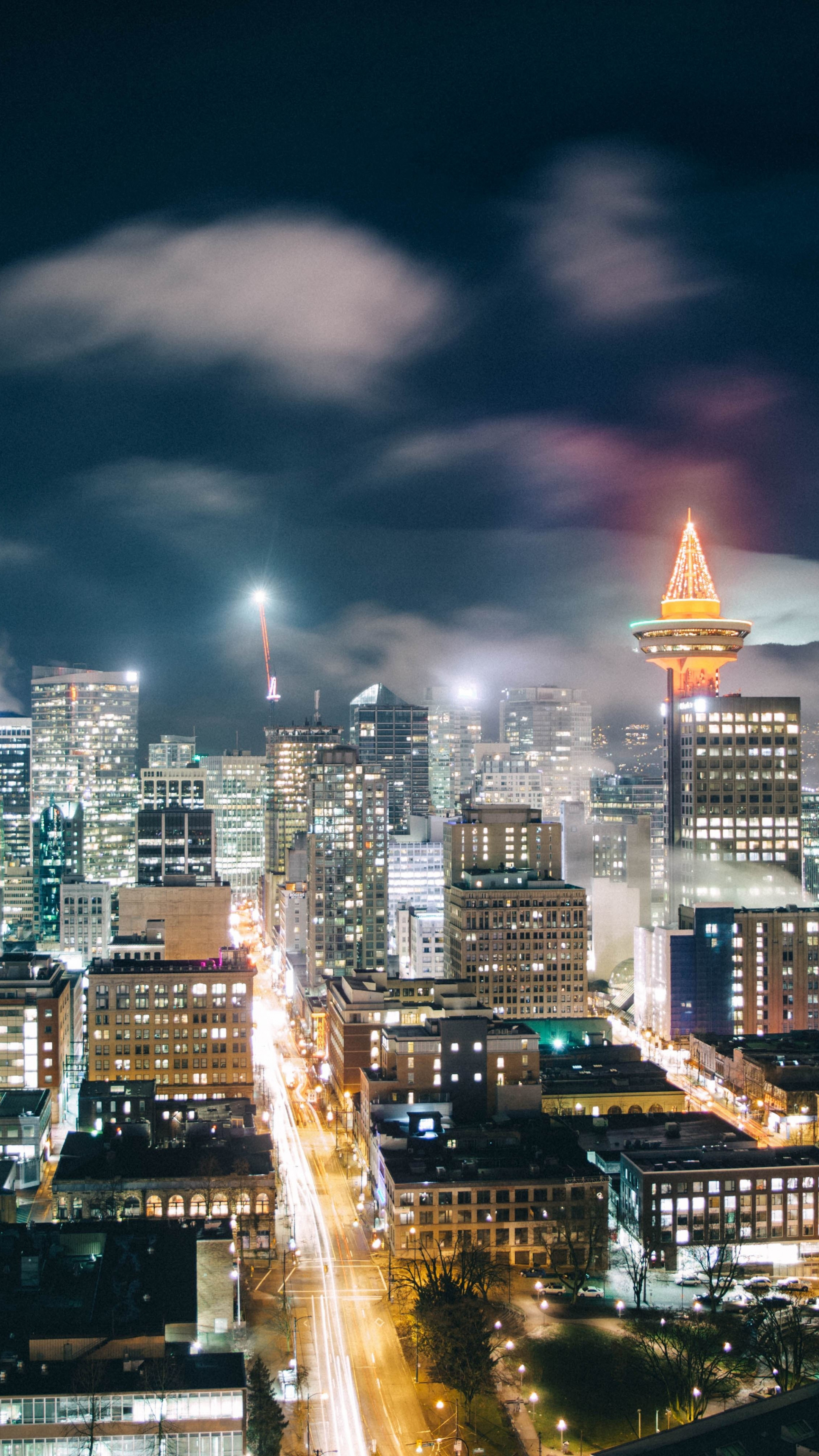 Harbour Centre Vancouver, Downtown Vancouver skyline, illuminated night street, 4K Phone wallpaper