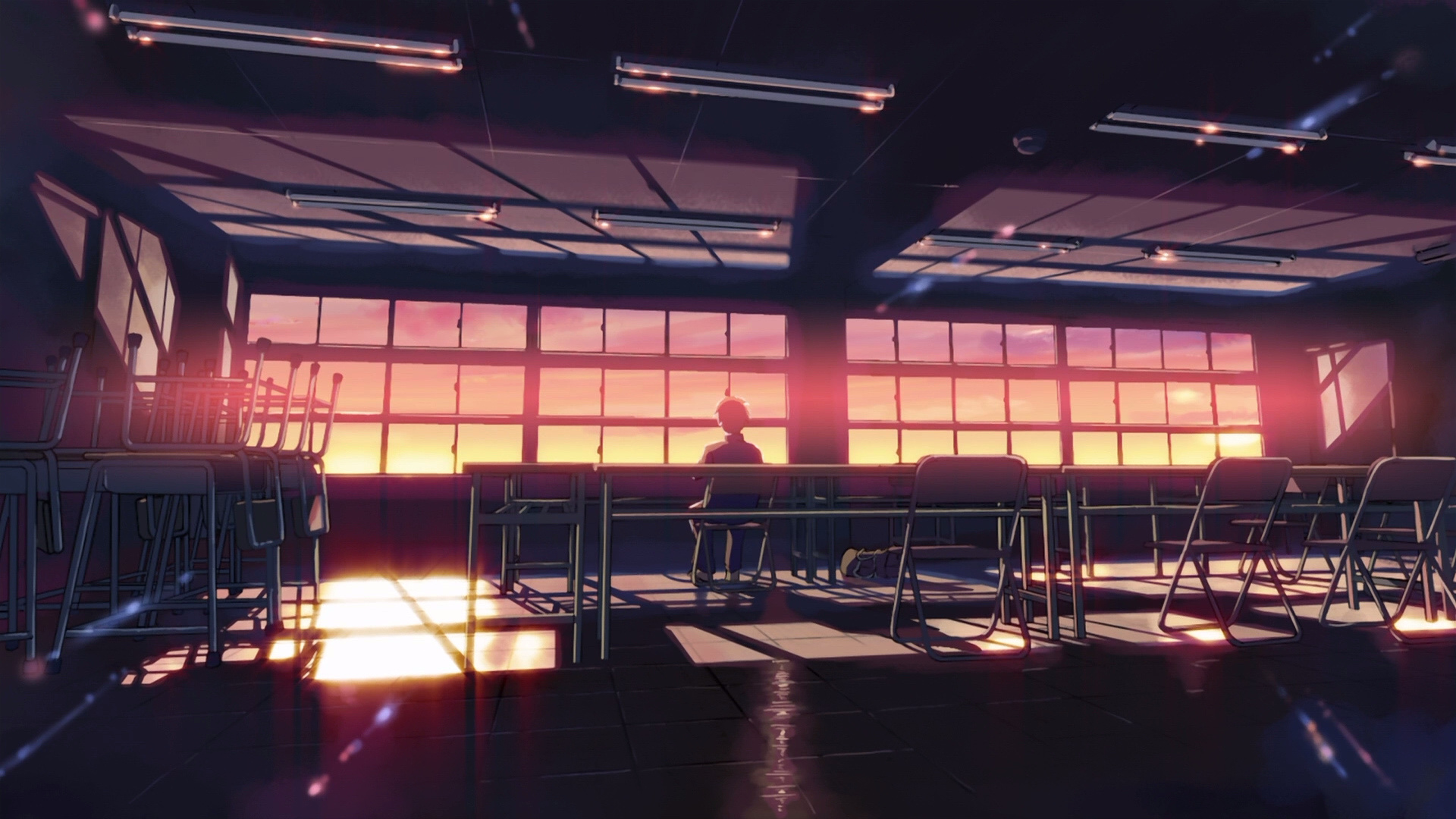 Takaki Tono silhouette, 5 Centimeters per Second, Empty sunset classroom, Full HD Desktop wallpaper