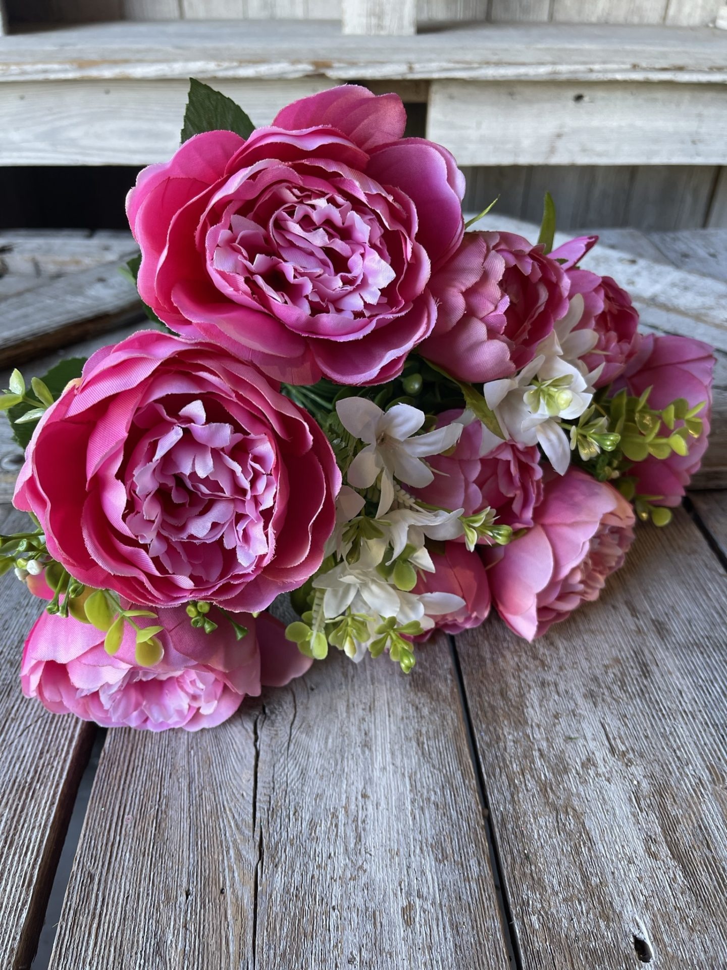 Fuchsia silk peony bouquet, White filler blossoms, Weathered barn wood planks, HD Phone wallpaper