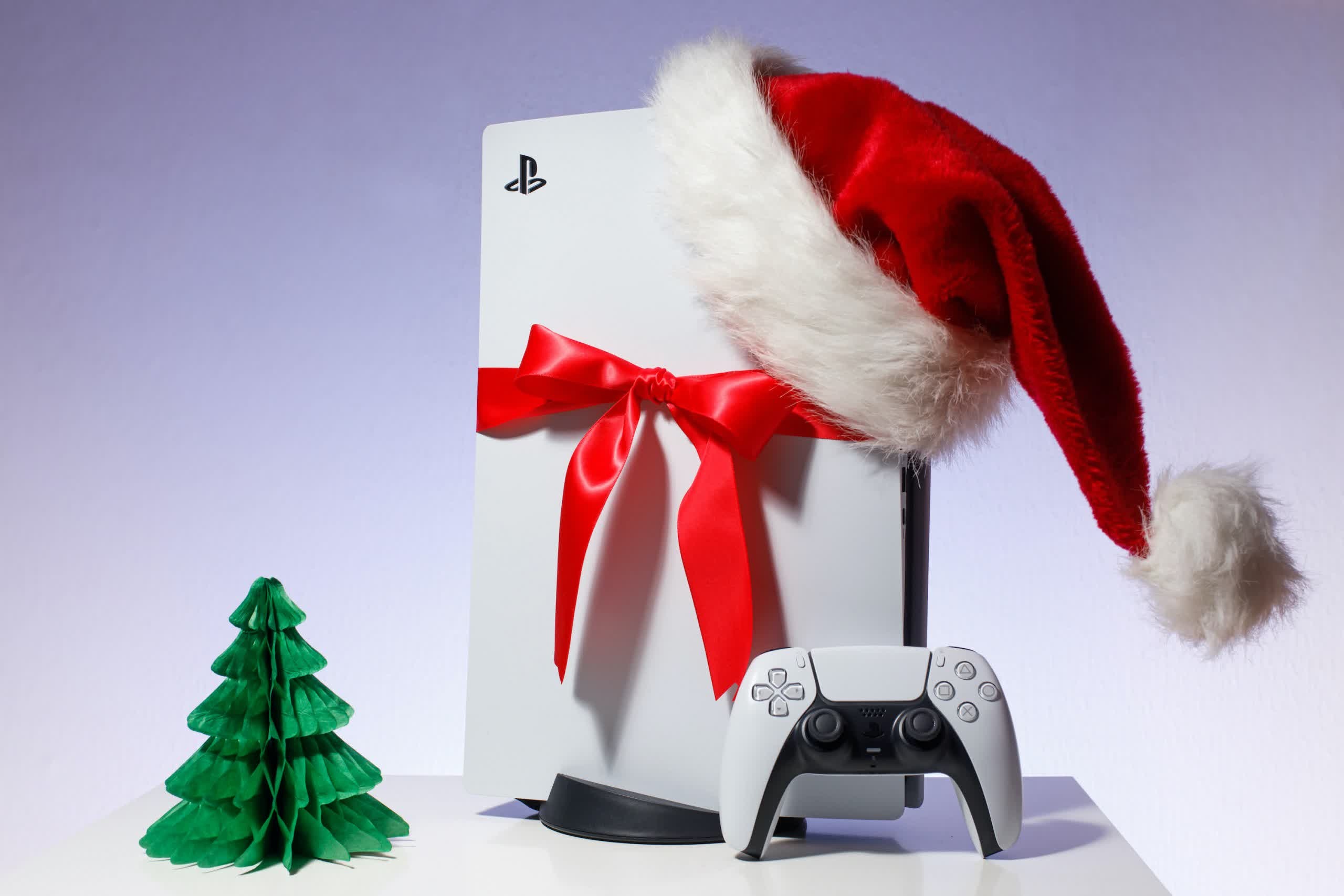 PlayStation 5 console, DualSense wireless controller, Red satin gift bow, Santa hat, Green paper Christmas tree, HD Desktop wallpaper