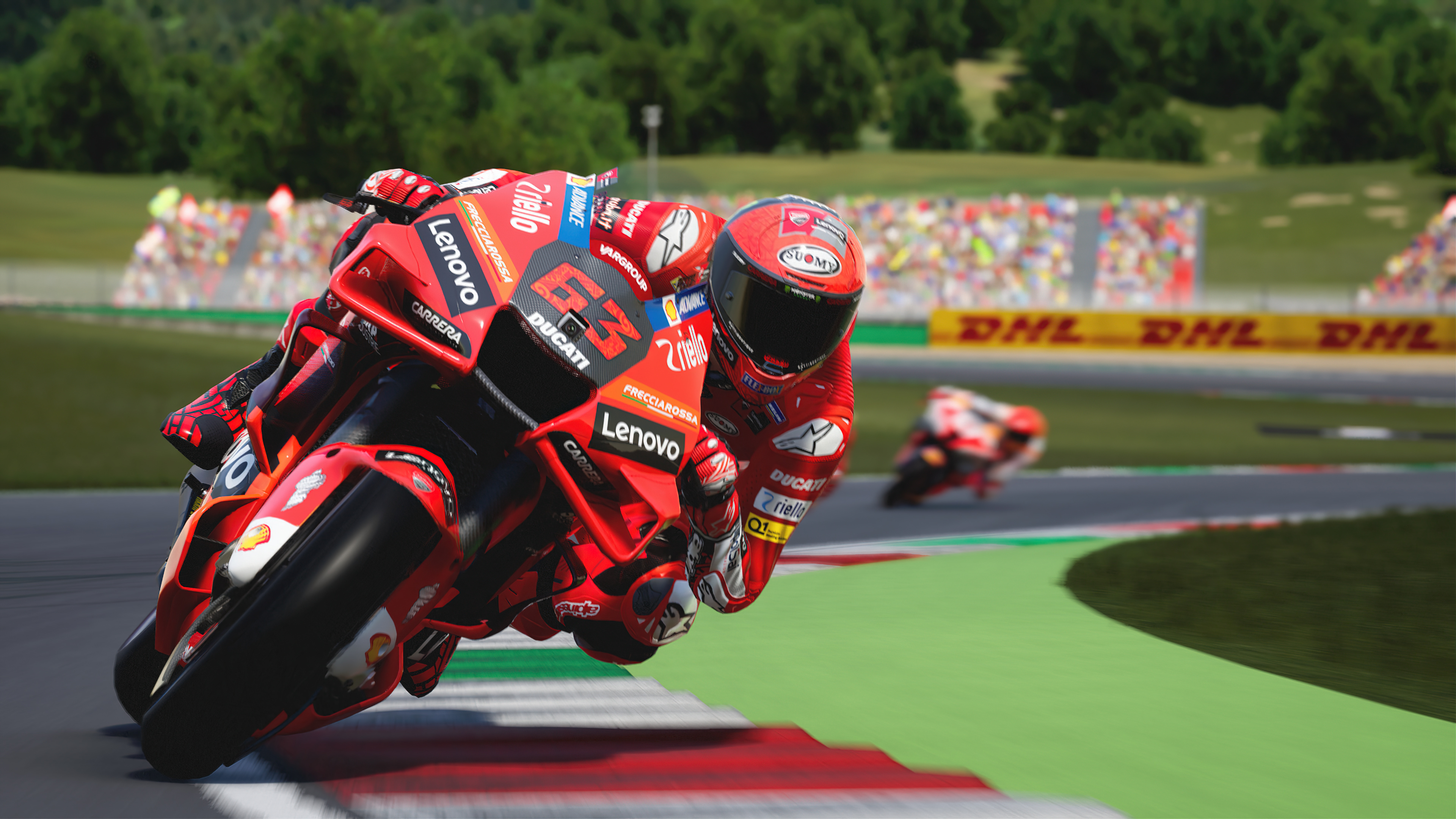 Francesco Bagnaia Ducati Lenovo, Ducati Desmosedici GP motorcycle, MotoGP racetrack apex curb, 4K Desktop wallpaper