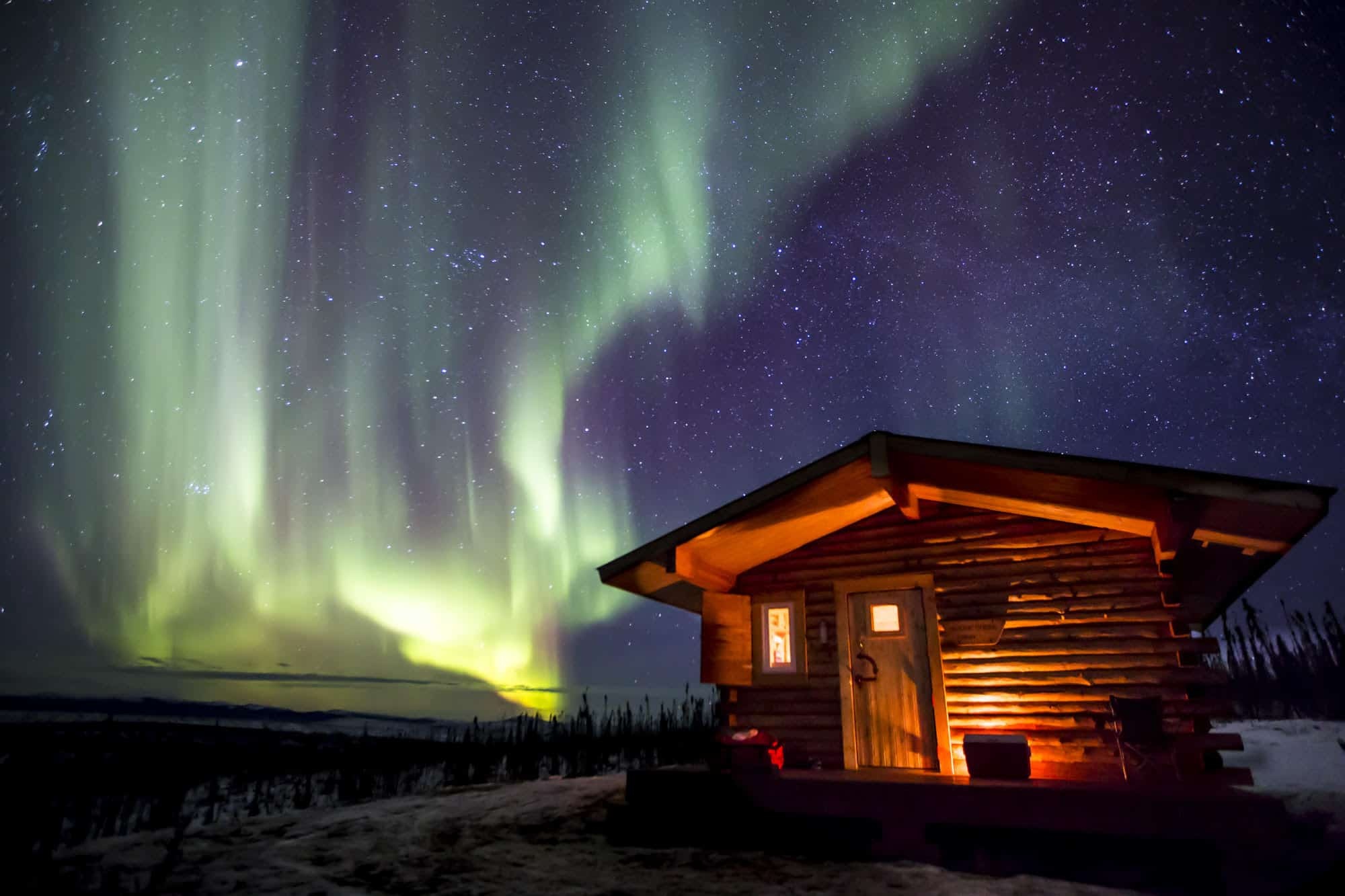 Green Aurora Borealis, Glowing rustic log cabin, Snowy Alaska wilderness, HD Desktop wallpaper