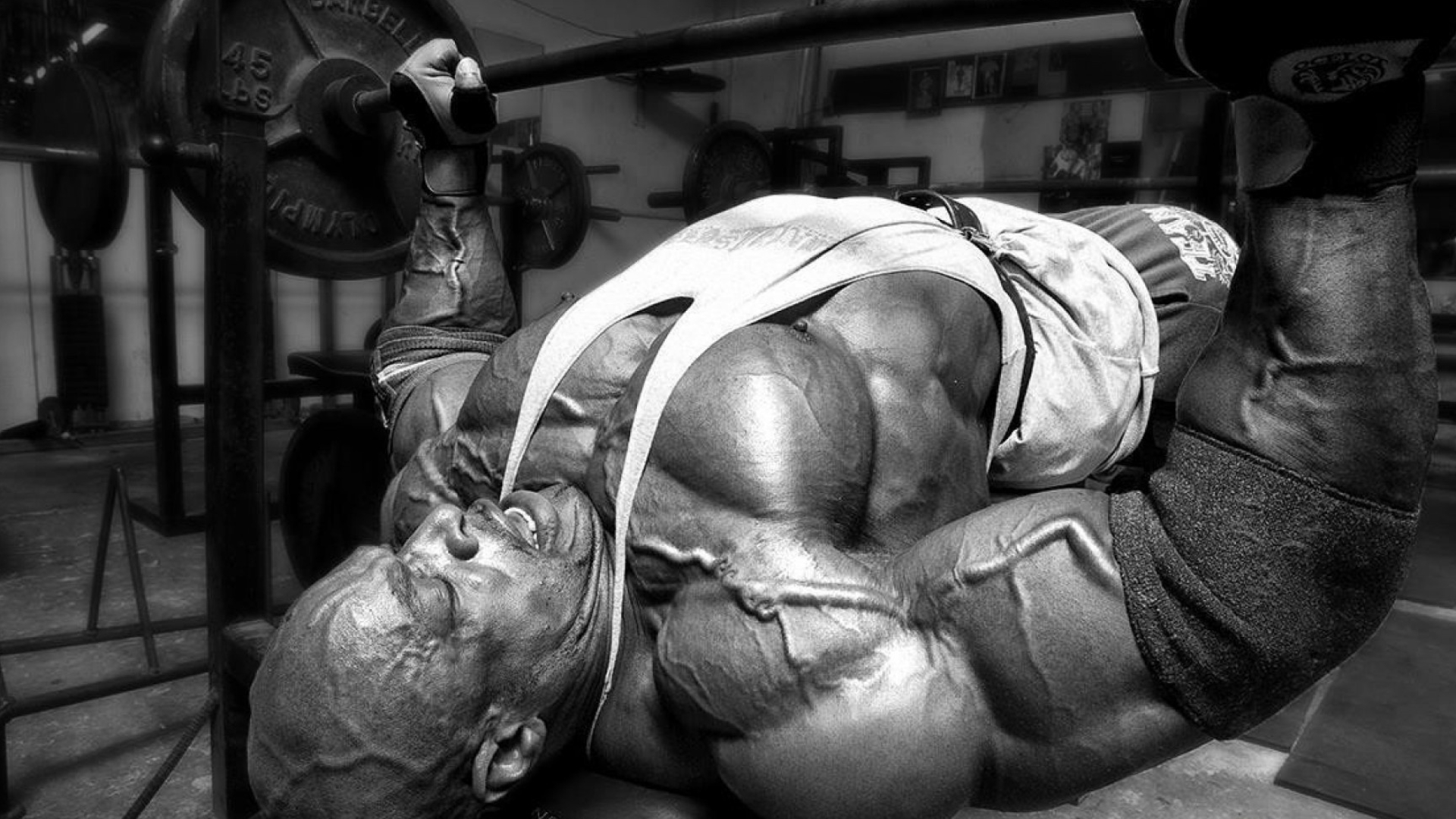 Ronnie Coleman, Barbell bench press, Olympic weight plates, Full HD Desktop wallpaper