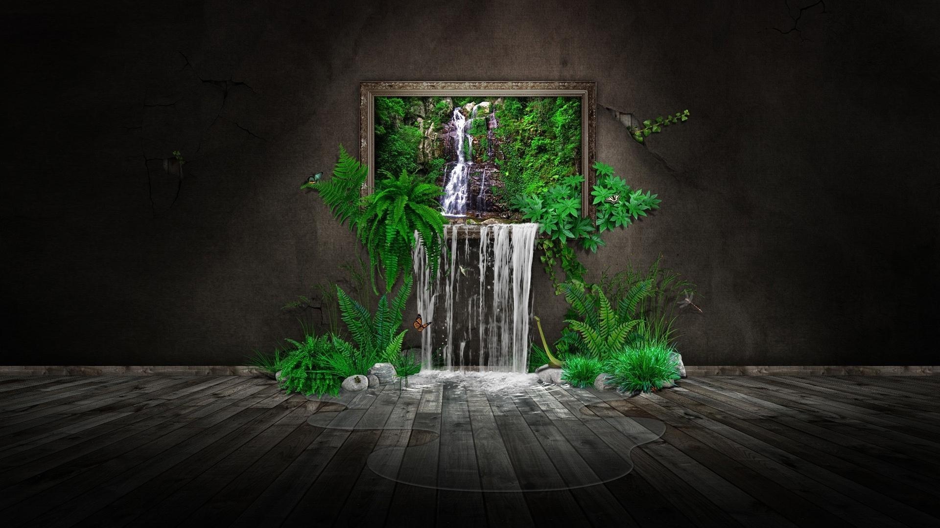 overflowing waterfall picture frame, lush green fern plants, dark wooden floor puddle, Full HD Desktop wallpaper