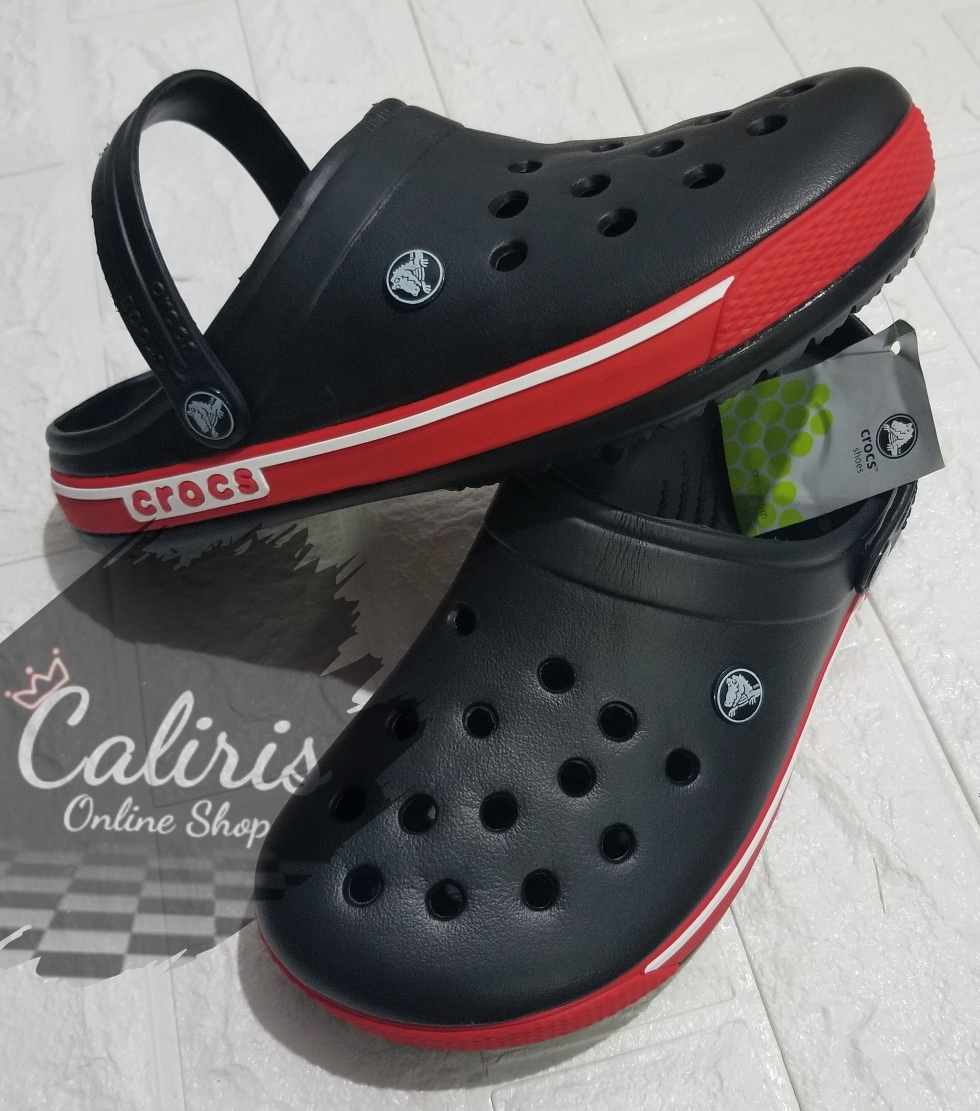 Unisex Crocs, Black and red, Neon green stripe, Men and women, 1920x2180 HD Phone