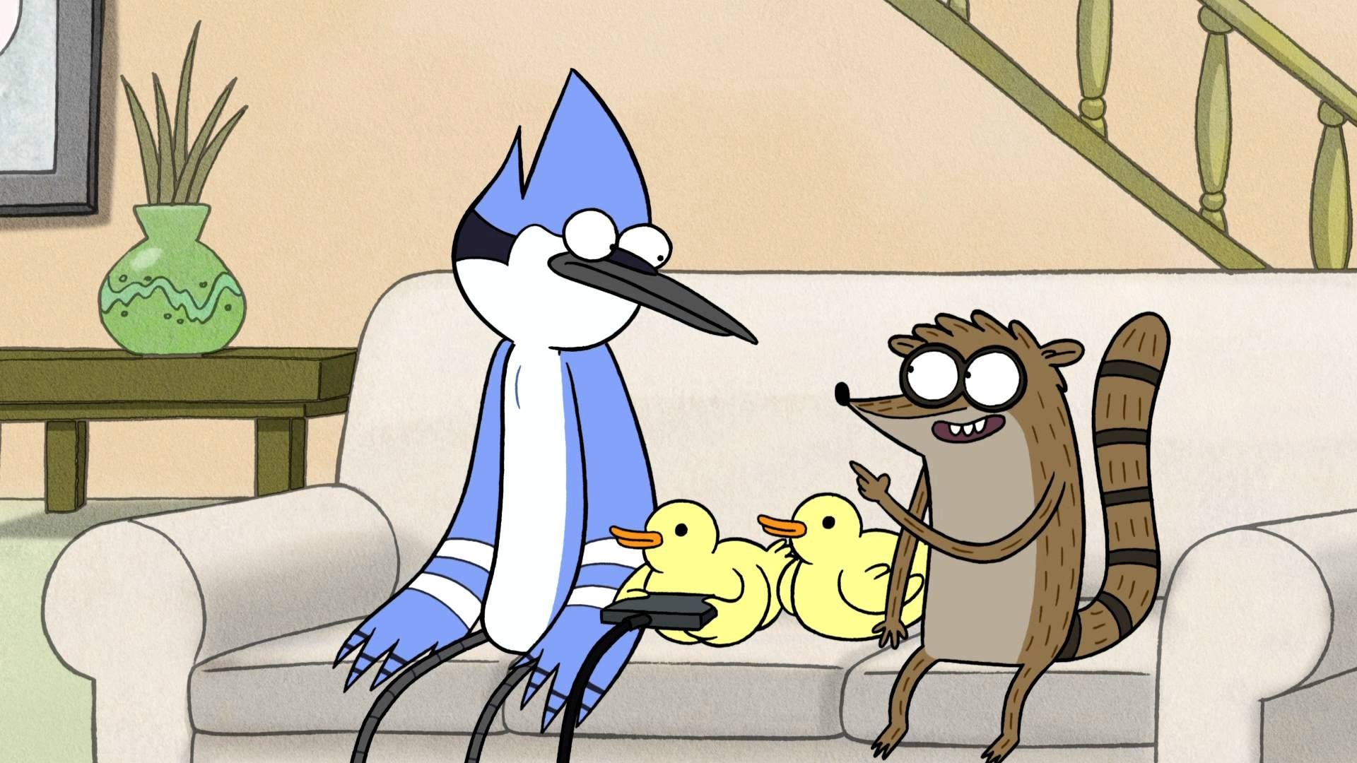 Mordecai with game controller, Rigby on couch, Two yellow ducklings, Park house living room, Regular Show, Full HD Desktop wallpaper