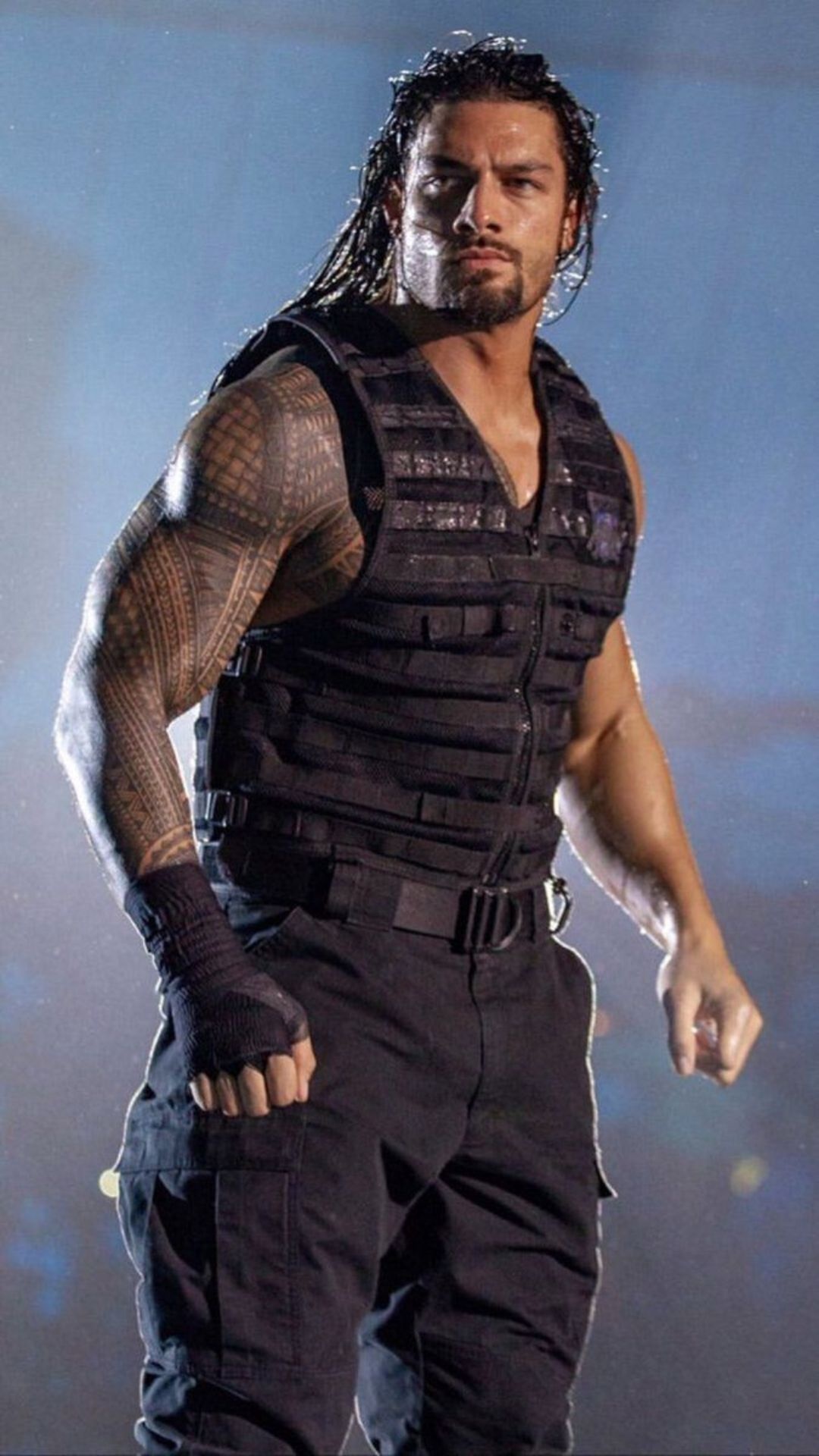 Roman Reigns, black tactical vest, Samoan tribal tattoo, Full HD Phone wallpaper