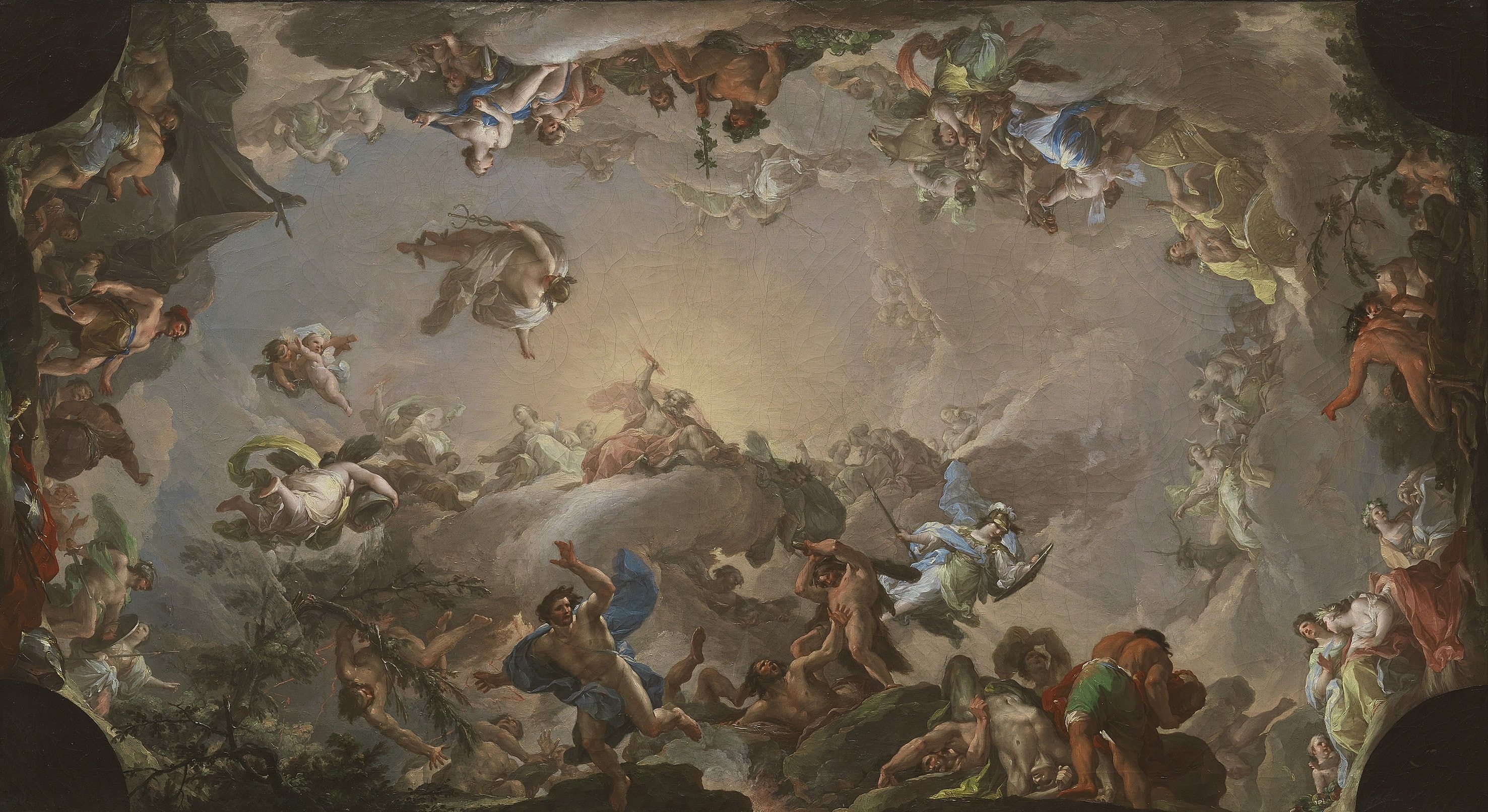 Gigantomachy mythological painting, Jupiter casting thunderbolts, Olympian gods in clouds, HD Desktop wallpaper