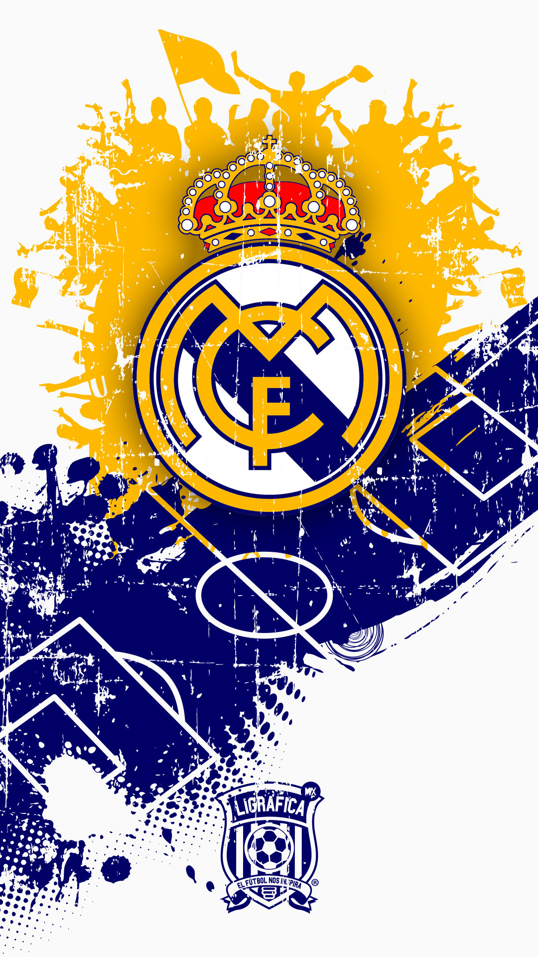 Real Madrid CF crest, cheering crowd silhouette, football pitch markings, Ligrafica logo, Full HD Phone wallpaper