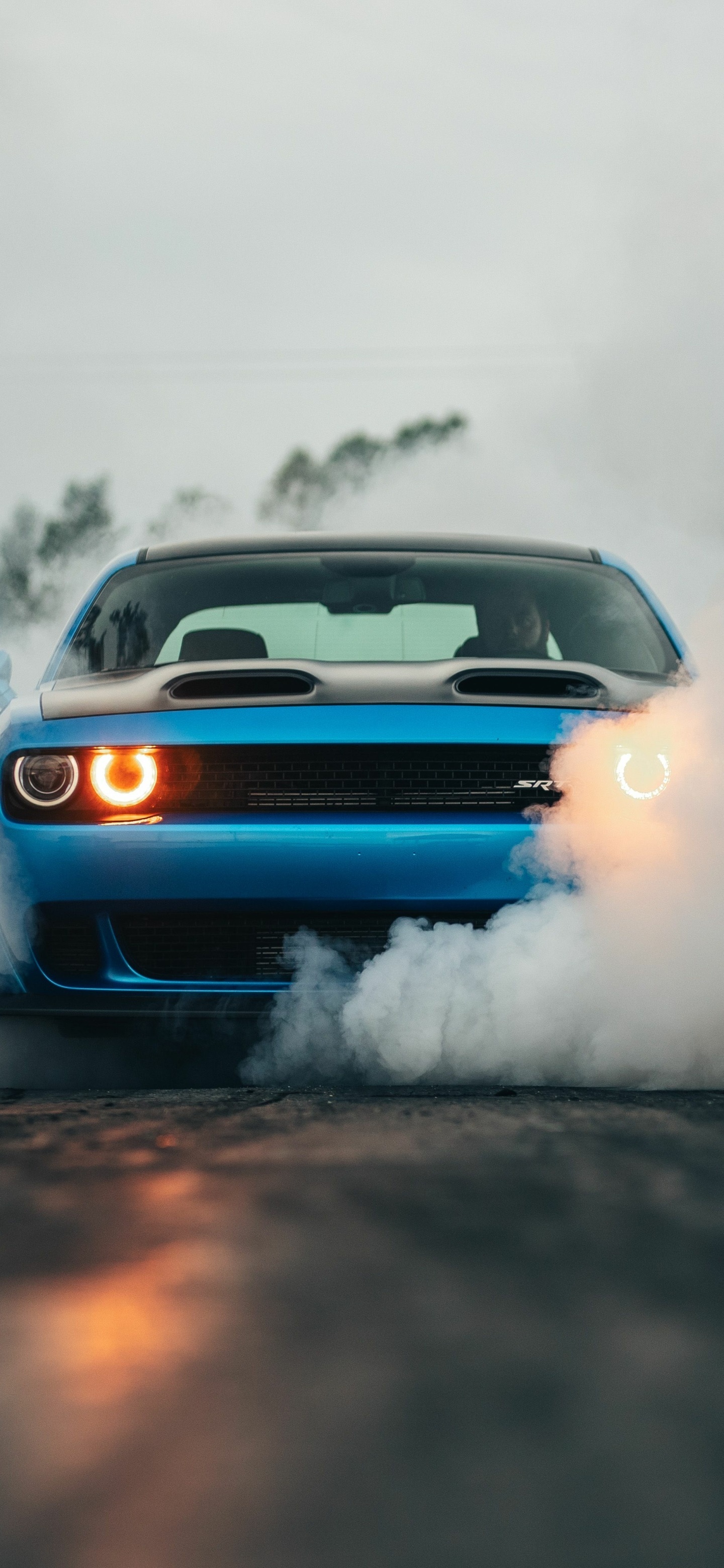 Dodge Challenger SRT Hellcat, burnout smoke, amber halo headlights, HD Phone wallpaper