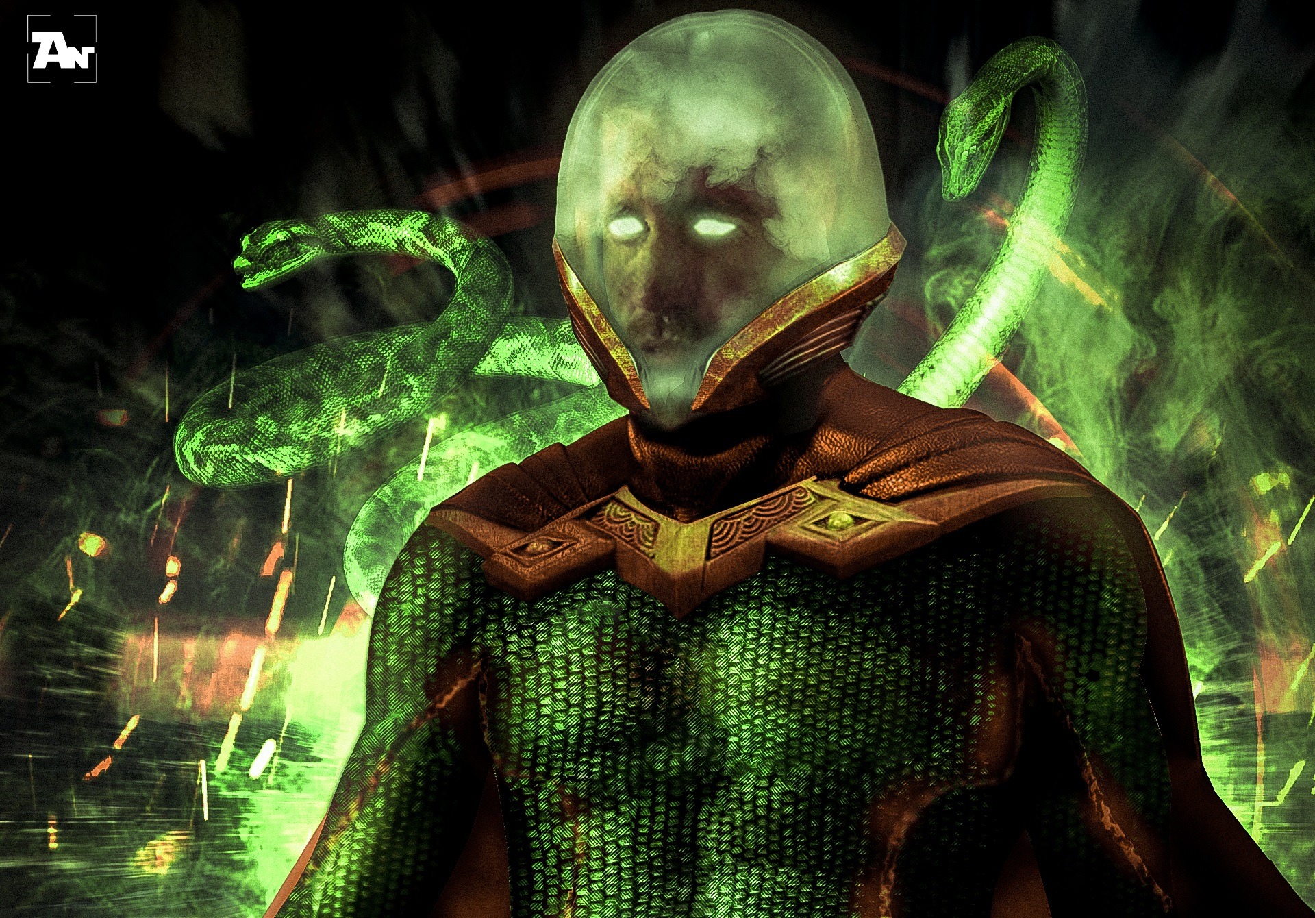 Far From Home, Mysterio, Fishbowl helmet, Coiling green snakes, HD Desktop wallpaper
