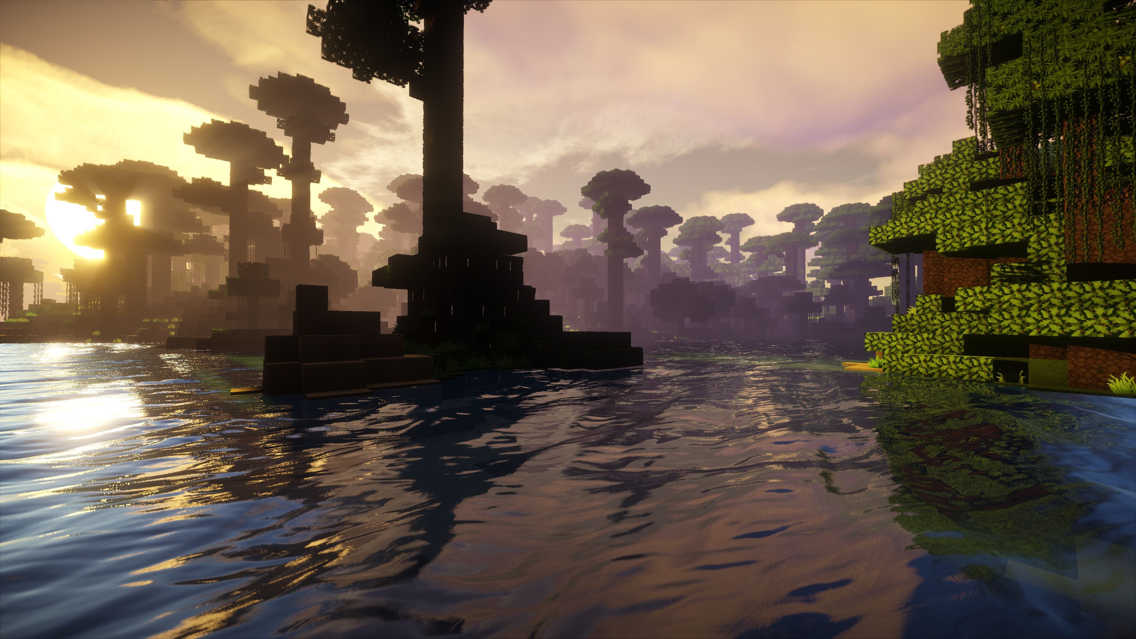 Minecraft jungle biome, water shader reflections, golden hour sunset, 4K Desktop wallpaper
