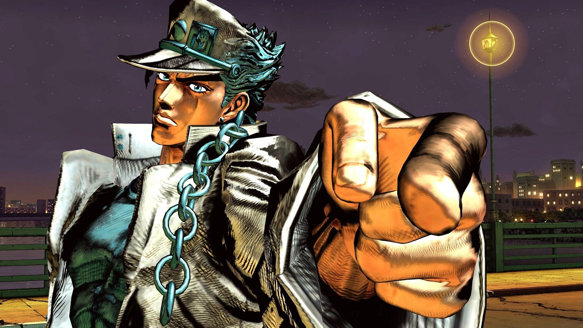 Jotaro Kujo, pointing gesture, glowing street lamp, Full HD Desktop wallpaper